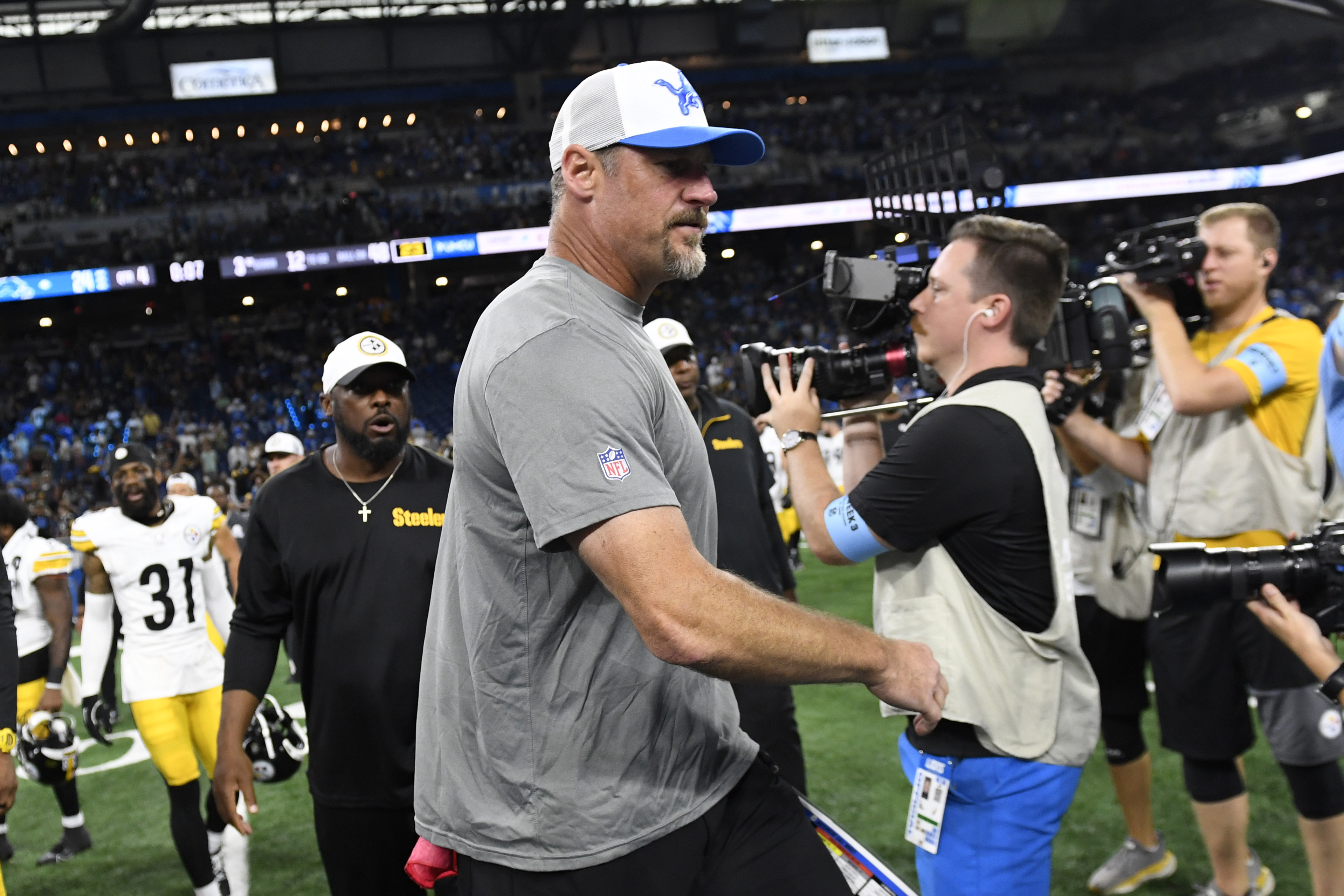 Detroit Lions head coach Dan Campbell walks off the field after the second half of an NFL preseason football game against the Pittsburgh Steelers, Saturday, Aug. 24, 2024, in Detroit. 