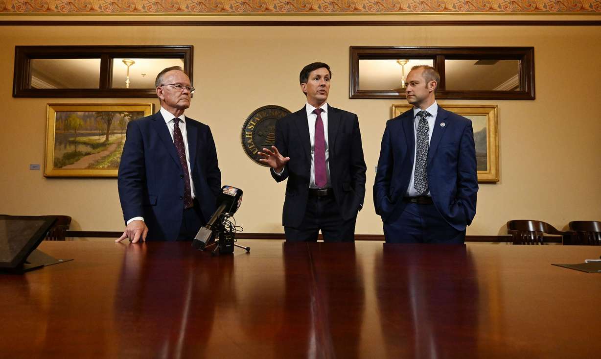 Senate President Stuart Adams, R-Layton; Sen. Kirk Cullimore, R-Draper; and Rep. Jordan Teuscher, R-South Jordan, talk with media following a special session of Utah’s Legislature to consider an initiative constitutional amendment at the Capitol in Salt Lake City on Aug. 21.