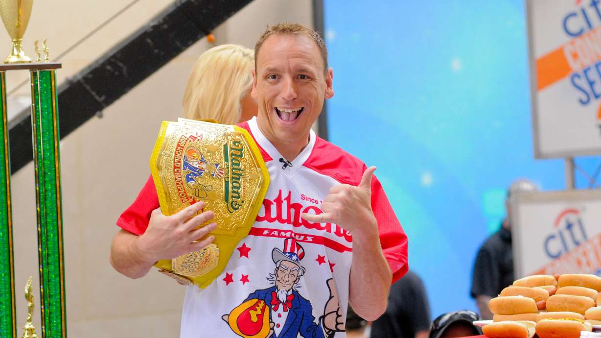 Competitive eater Joey Chestnut is seen in New York City on July 5, 2019. Chestnut demolished his world hot dog eating record Monday.