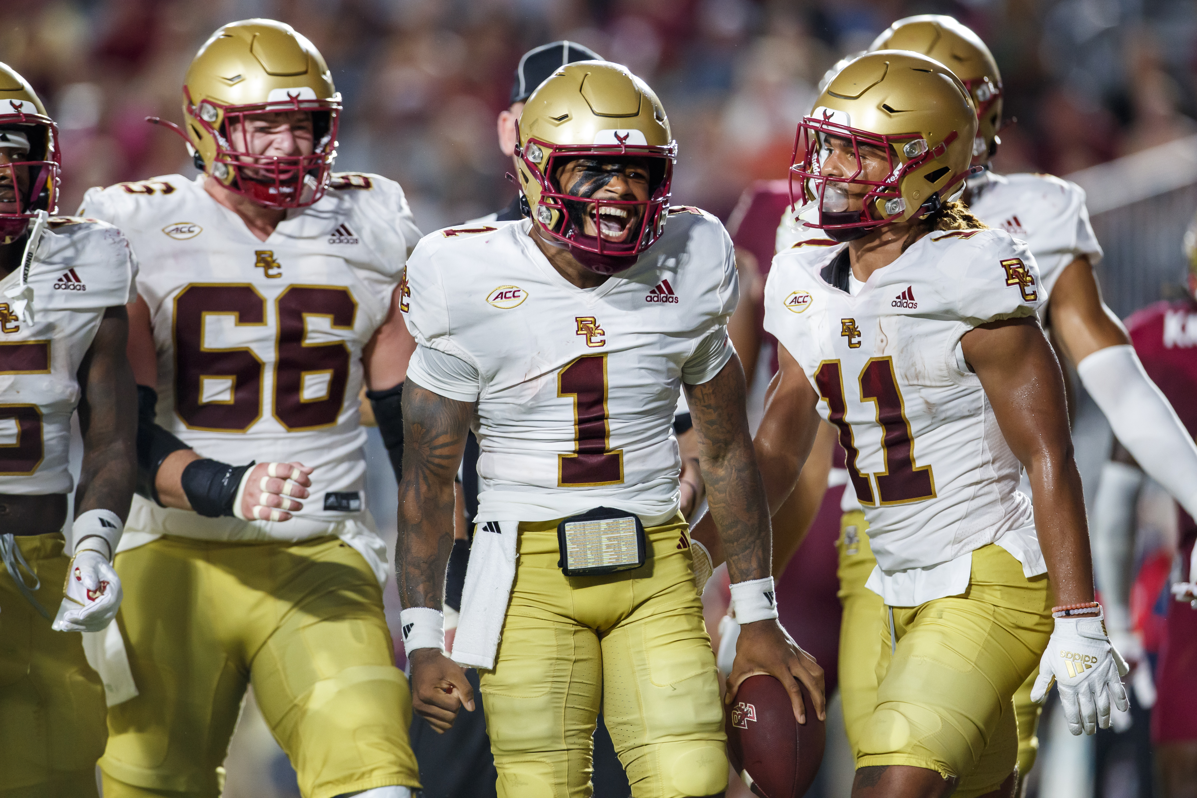 Boston College quarterback Thomas Castellanos (1) celebrates after scoring the first touchdown against Florida State during the first half of an NCAA college football game, Monday, Sept. 2, 2024, in Tallahassee, Fla.