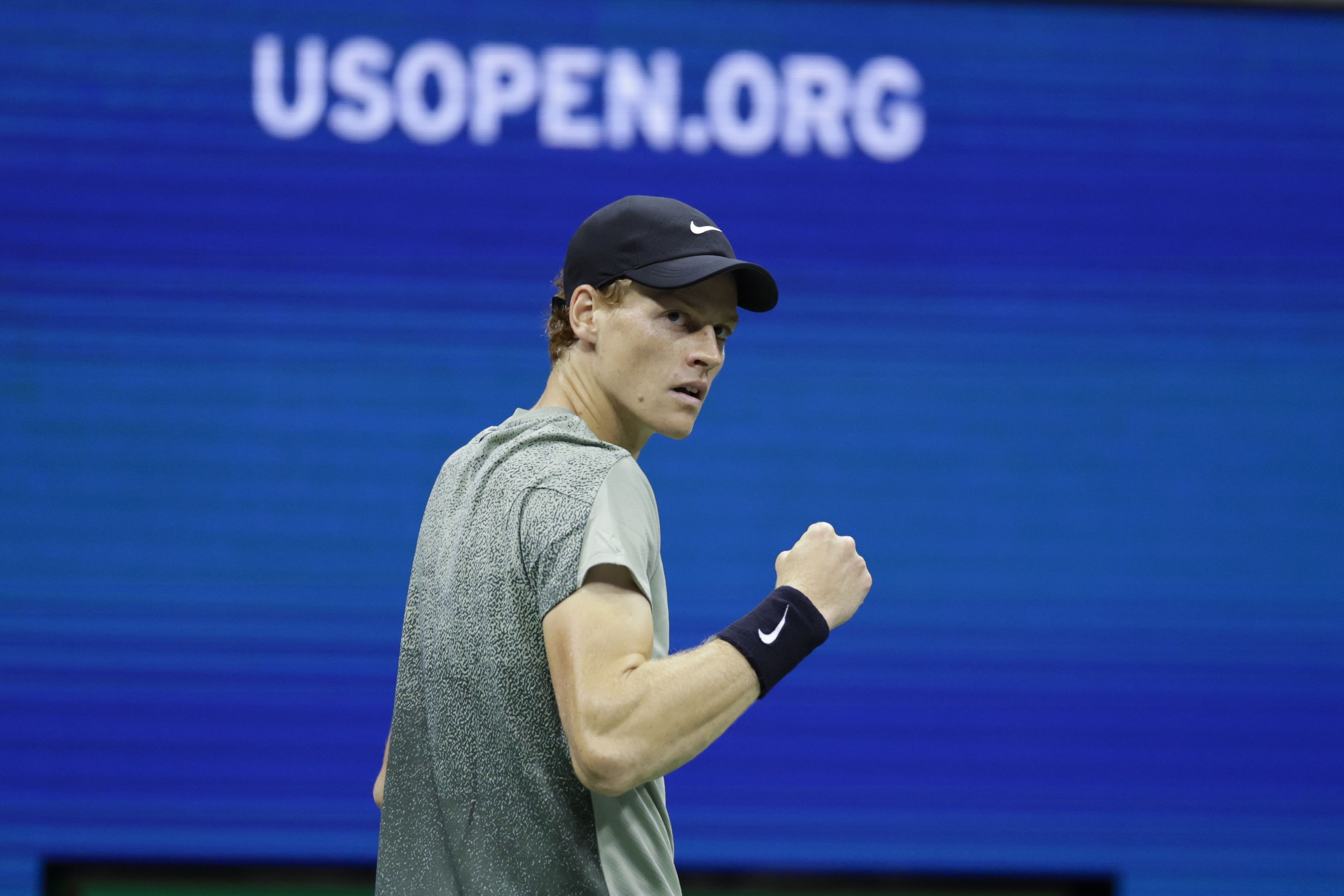 Jannik Sinner, of Italy, reacts against Tommy Paul, of the United States, during a fourth round match of the U.S. Open tennis championships, Monday, Sept. 2, 2024, in New York. 