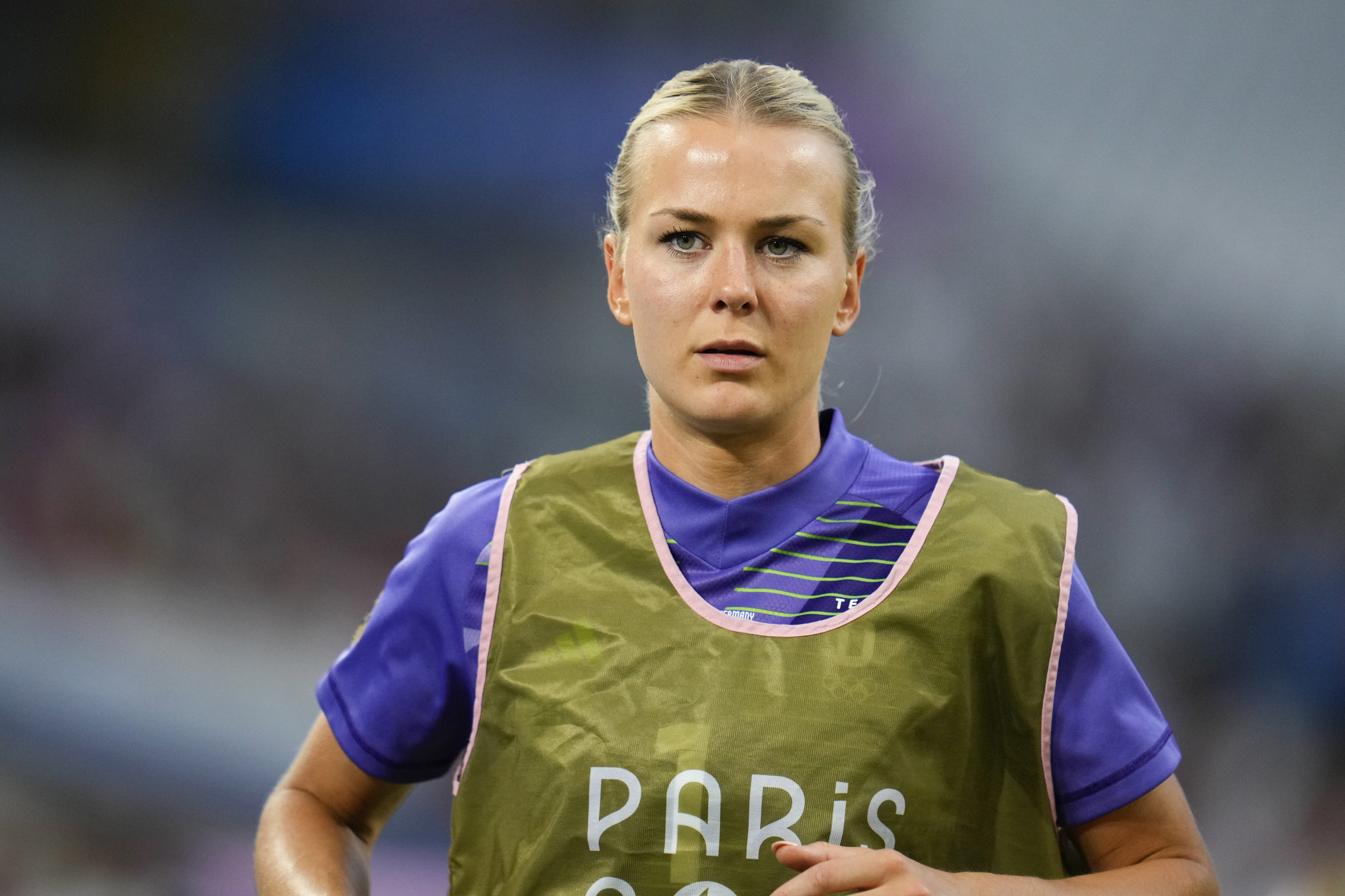 FILE -Germany goalkeeper Merle Frohms participates in a women's quarterfinal soccer match between Canada and Germany at the 2024 Summer Olympics, Aug. 3, 2024, at Marseille Stadium in Marseille, France.