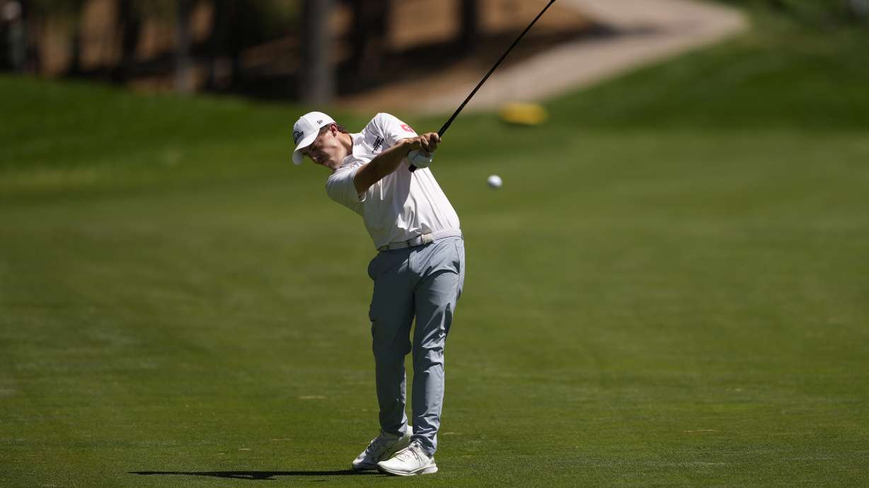 Matt Fitzpatrick, of England, hits from the 14th fairway during the first round of the BMW Championship golf event at Castle Pines Golf Club, Thursday, Aug. 22, 2024, in Castle Rock, Colo.