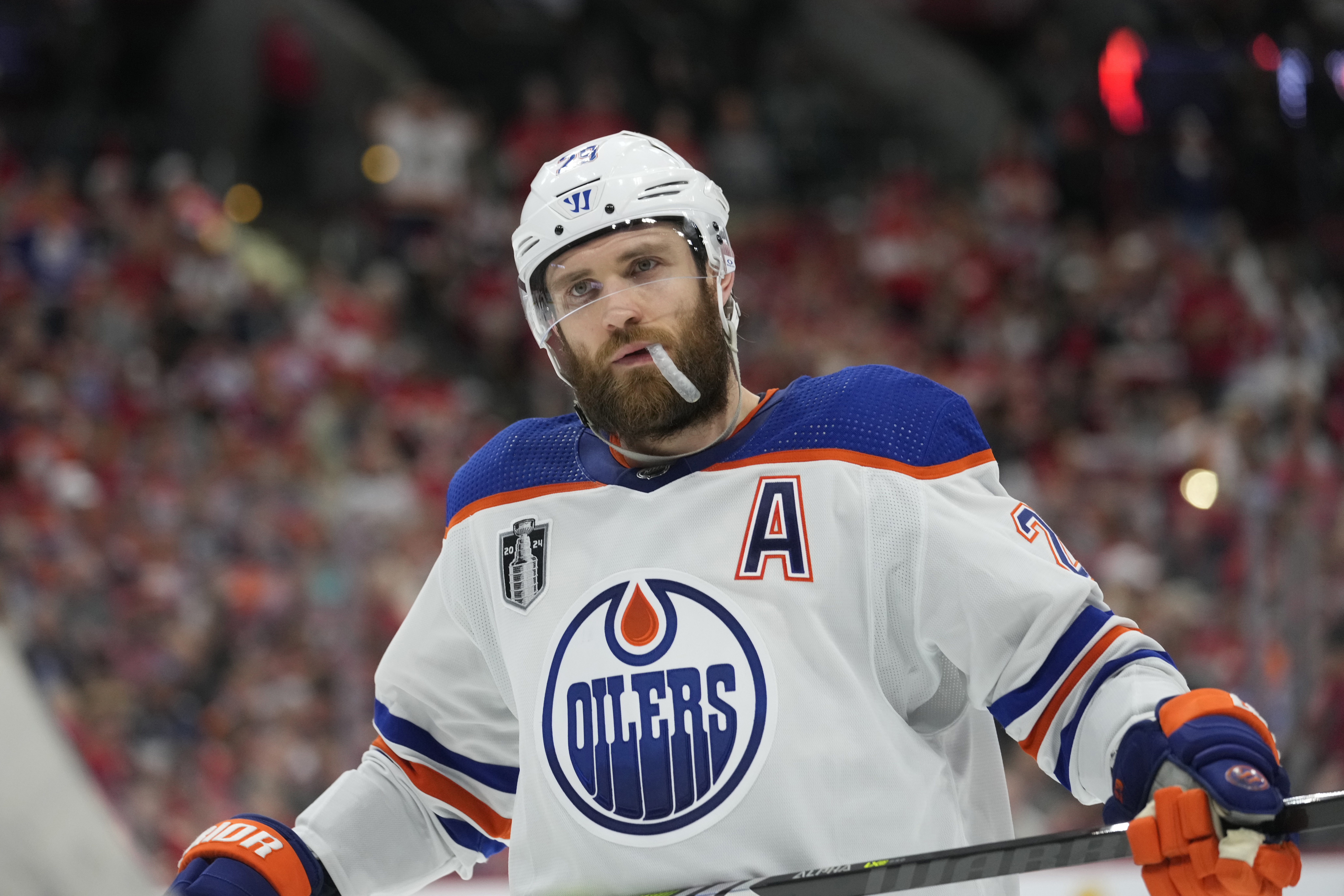 FILE - Edmonton Oilers center Leon Draisaitl (29) skates on the ice during the third period of Game 7 of the NHL hockey Stanley Cup Final against the Florida Panthers, June 24, 2024, in Sunrise, Fla.