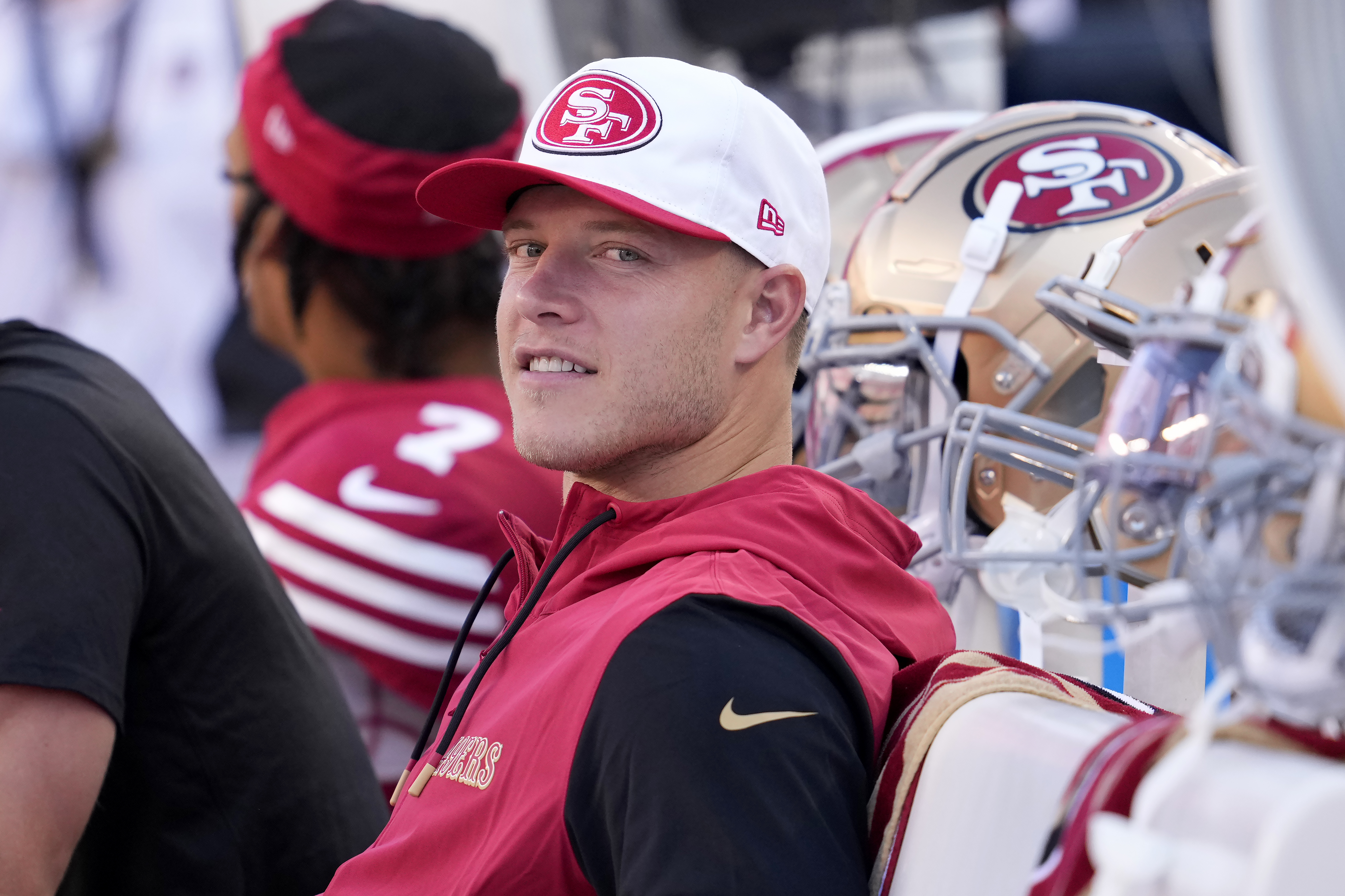 FILE - San Francisco 49ers running back Christian McCaffrey before a preseason NFL football game against the New Orleans Saints in Santa Clara, Calif., Aug. 18, 2024. 