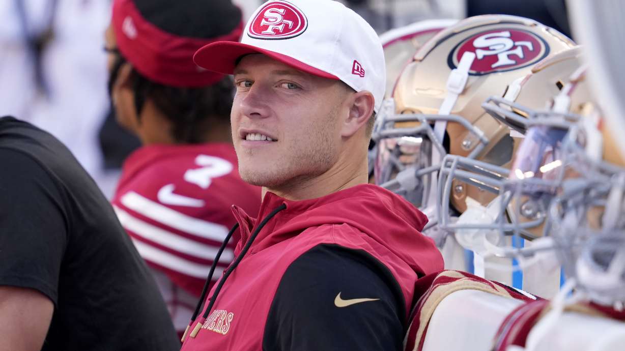FILE - San Francisco 49ers running back Christian McCaffrey before a preseason NFL football game against the New Orleans Saints in Santa Clara, Calif., Aug. 18, 2024.