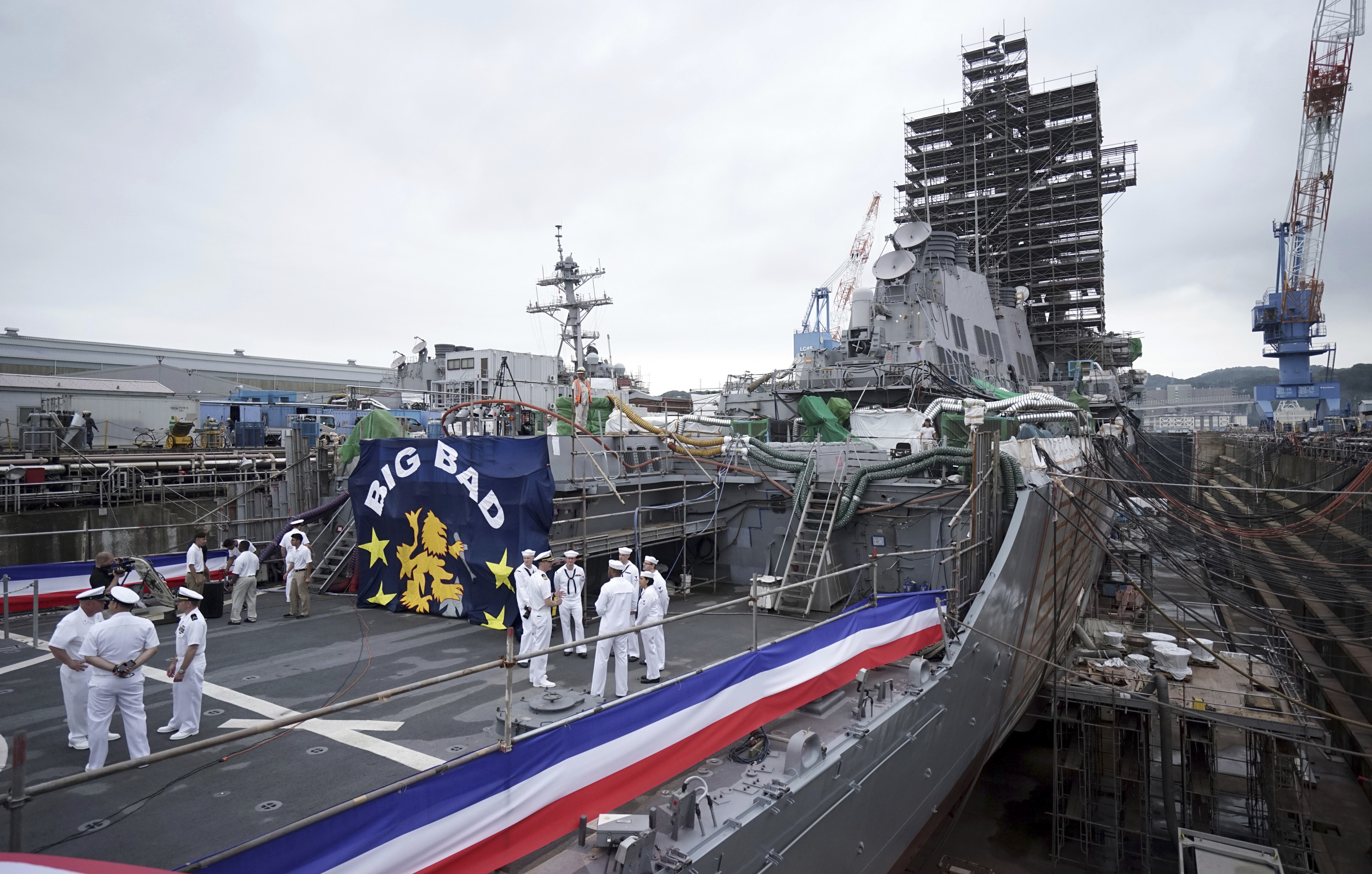 The USS John S. McCain is seen after a rededication ceremony for at the U.S. Naval base in Yokosuka, southwest of Tokyo, July 12, 2018. The ship's commander has been relieved of duty after a rifle photo caused concern.