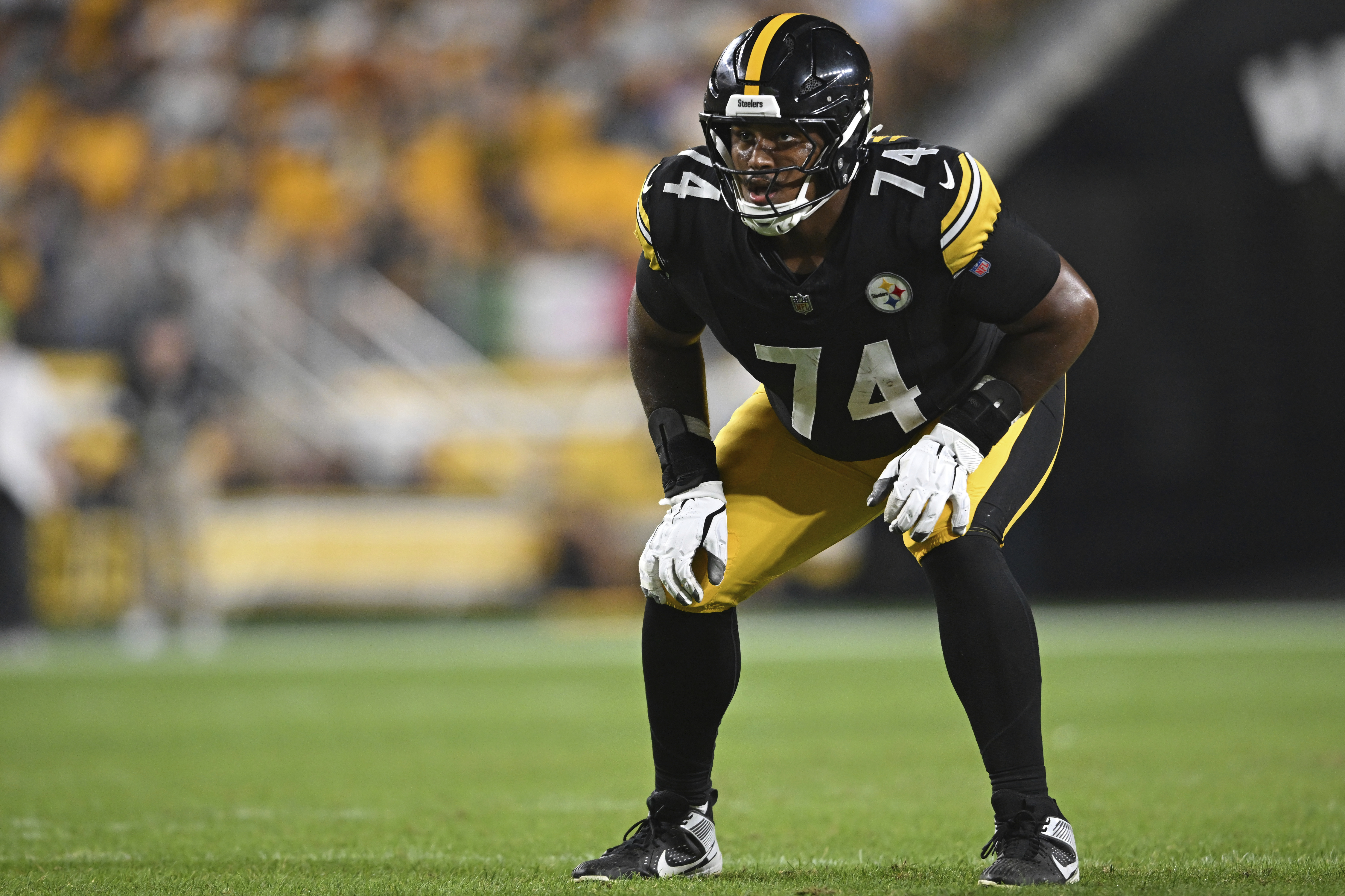 FILE - Pittsburgh Steelers guard Spencer Anderson (74) lines up during the second half of an NFL exhibition football game against the Buffalo Bills, Aug. 17, 2024, in Pittsburgh. 
