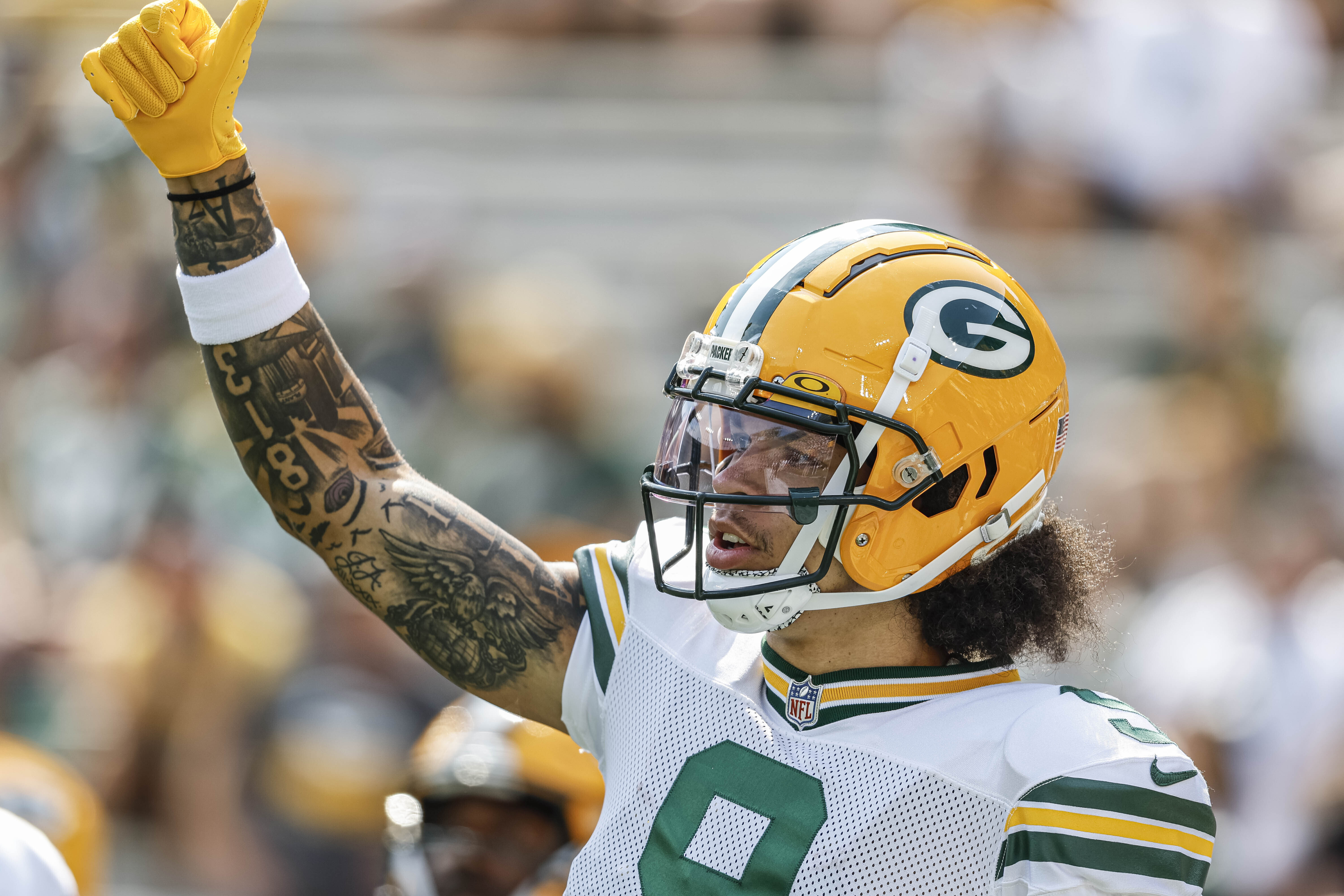 file - Green Bay Packers wide receiver Christian Watson (9) practices before a preseason NFL football game against the Baltimore Ravens, Aug. 24, 2024, in Green Bay, Wis. 