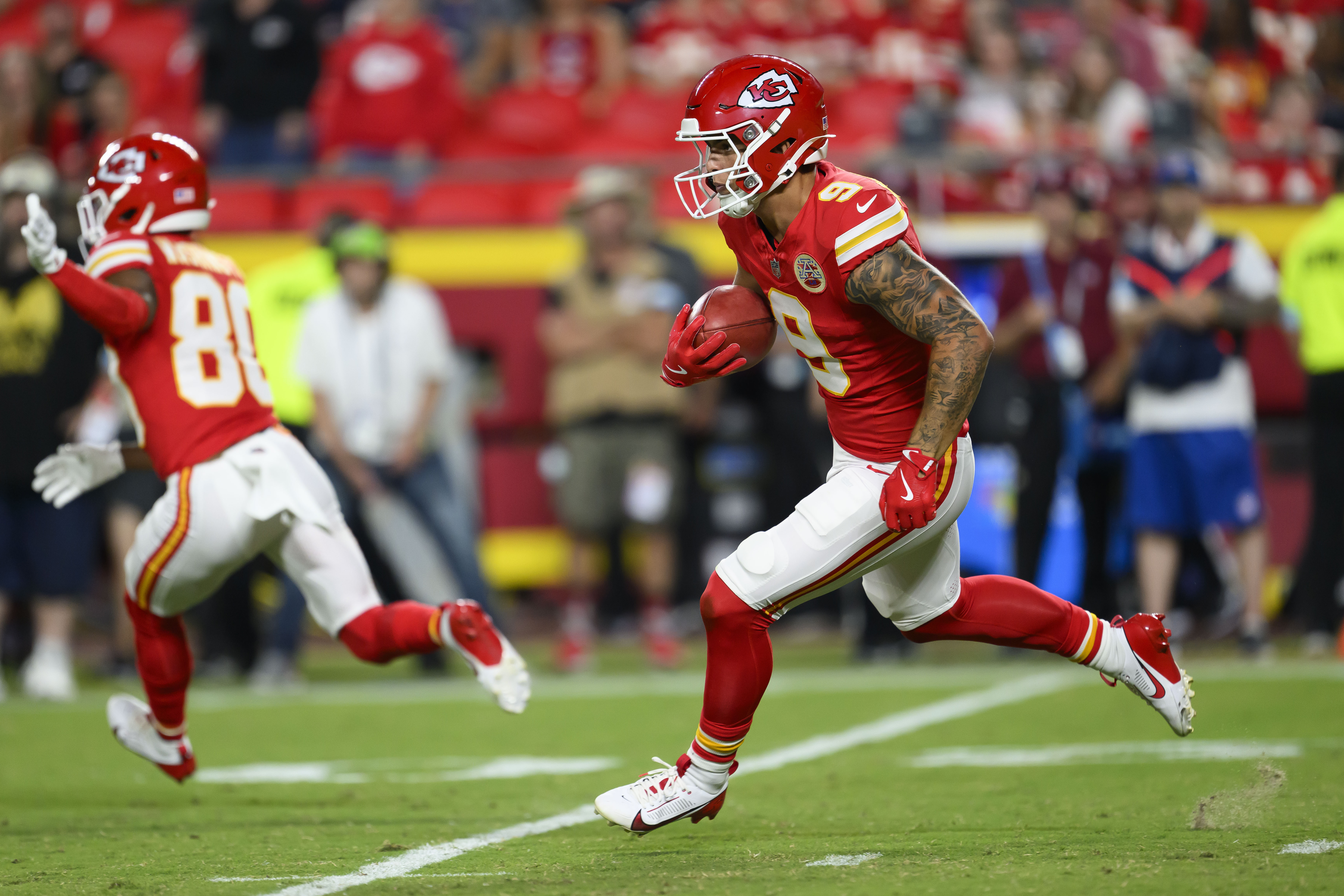FILE - Kansas City Chiefs running back Louis Rees-Zammit runs back a kickoff during the second half of an NFL preseason football game against the Chicago Bears, Thursday, Aug. 22, 2024, in Kansas City, Mo. 