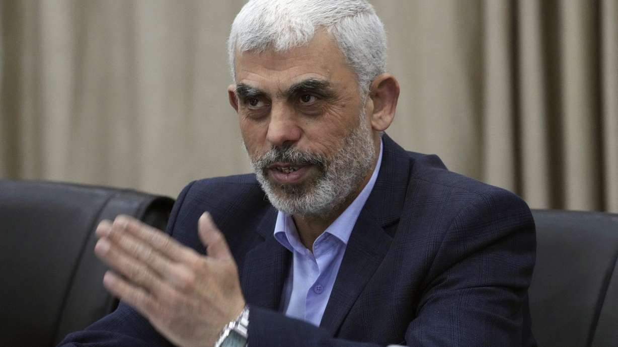 Yahya Sinwar, head of Hamas in Gaza, speaks at his office in Gaza City, April 13, 2022. The Justice Department has announced criminal charges against Hamas leader Sinwar and other militants.