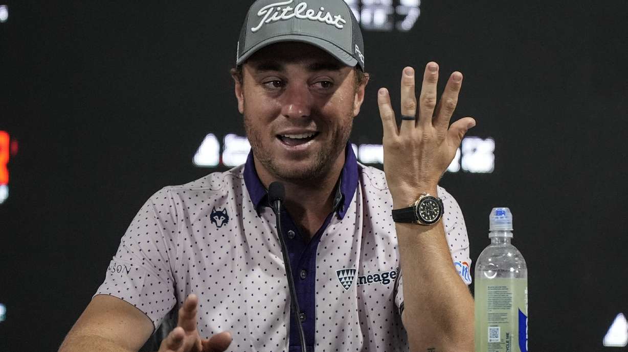 Justin Thomas speaks during a news conference ahead of a practice round for the Tour Championship golf tournament, Wednesday, Aug. 28, 2024, in Atlanta.