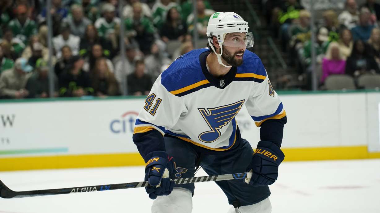 St. Louis Blues defenseman Robert Bortuzzo watches a face-off during an NHL hockey game against the Dallas Stars in Dallas, Saturday, Nov. 20, 2021.