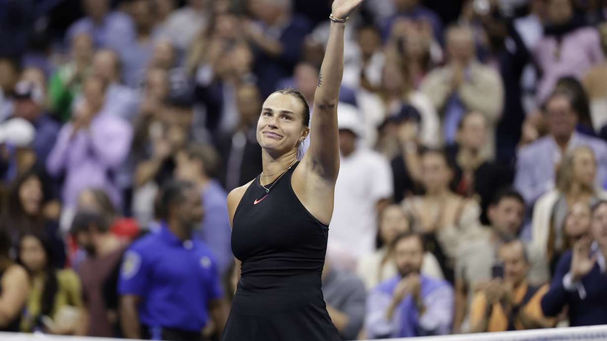 Aryna Sabalenka, of Belarus, waves after defeating Zheng Qinwen, of China, during the quarterfinals of the U.S. Open tennis championships, Tuesday, Sept. 3, 2024, in New York.