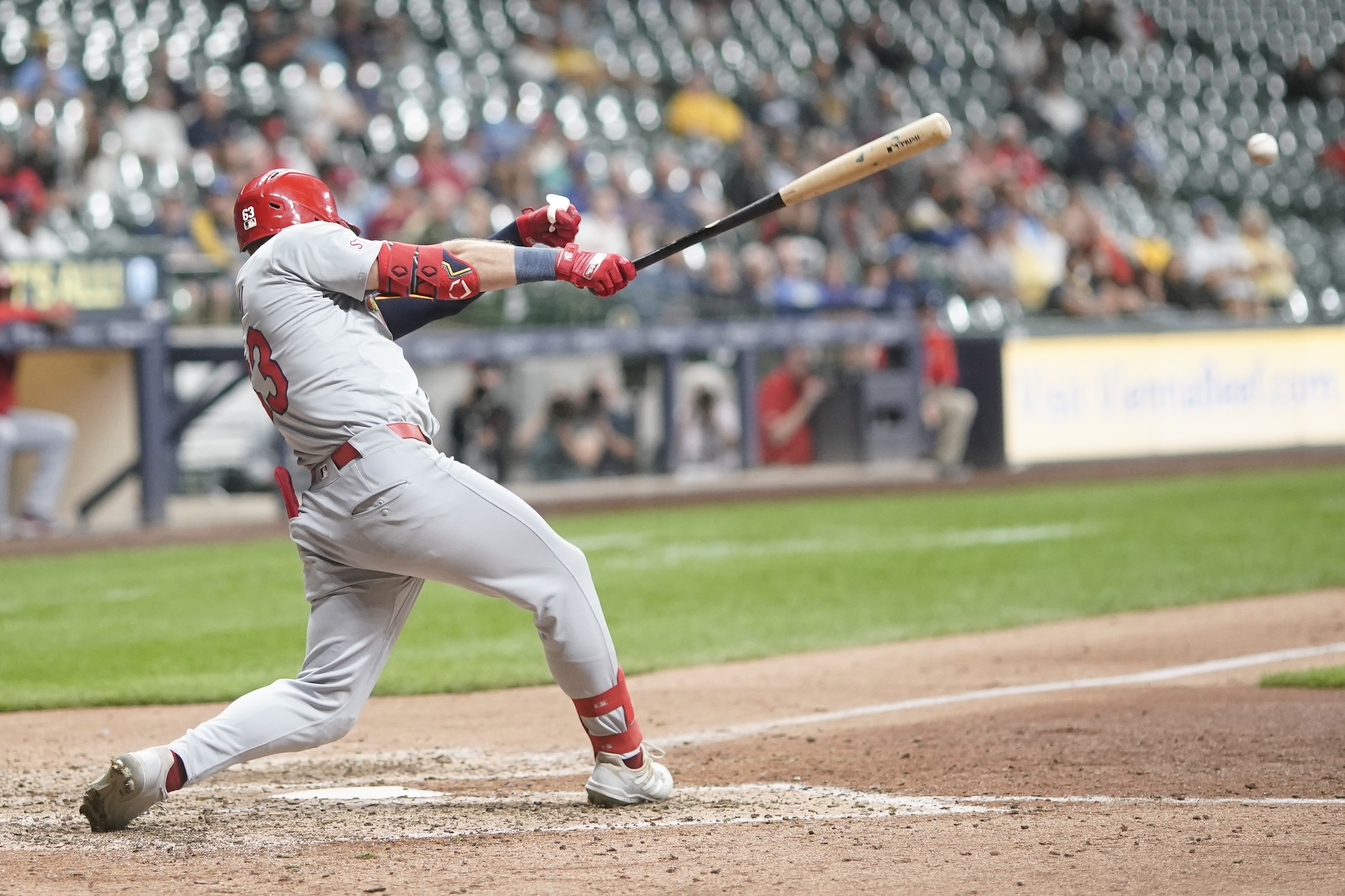 St. Louis Cardinals' Michael Siani hits a two-run scoring single during the 12th inning of a baseball game against the Milwaukee Brewers Tuesday, Sept. 3, 2024, in Milwaukee. 