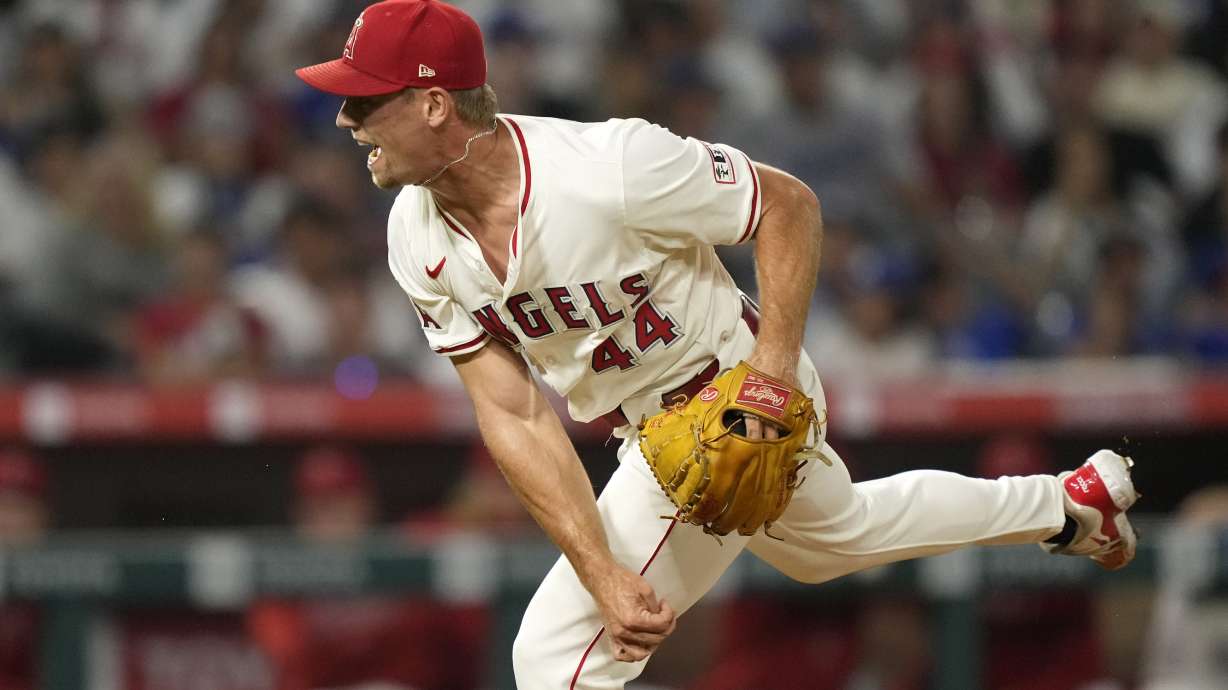 Los Angeles Angels relief pitcher Ben Joyce throws a 105.5 mph pitch as he strikes out Los Angeles Dodgers' Tommy Edman to end the ninth inning of a baseball game, Tuesday, Sept. 3, 2024, in Anaheim, Calif.