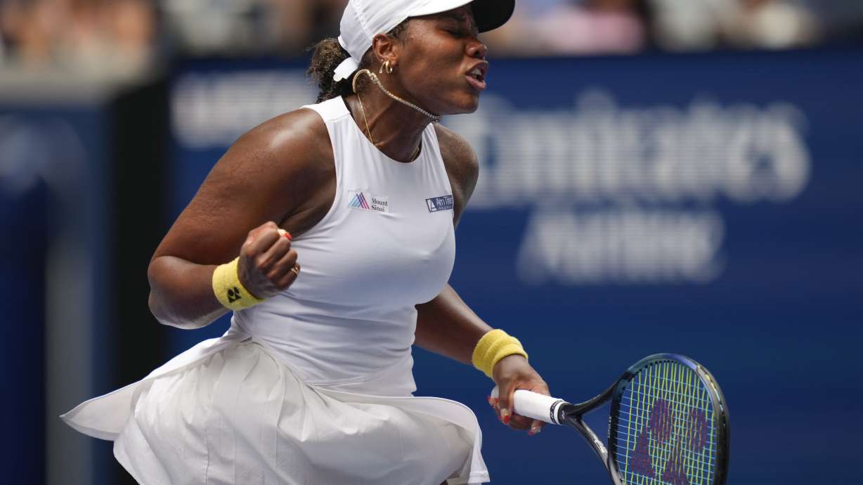 Taylor Townsend, of the United States, reacts after scoring a point against Paula Badosa, of Spain, during the first round of the U.S. Open tennis championships, Wednesday, Aug. 28, 2024, in New York.