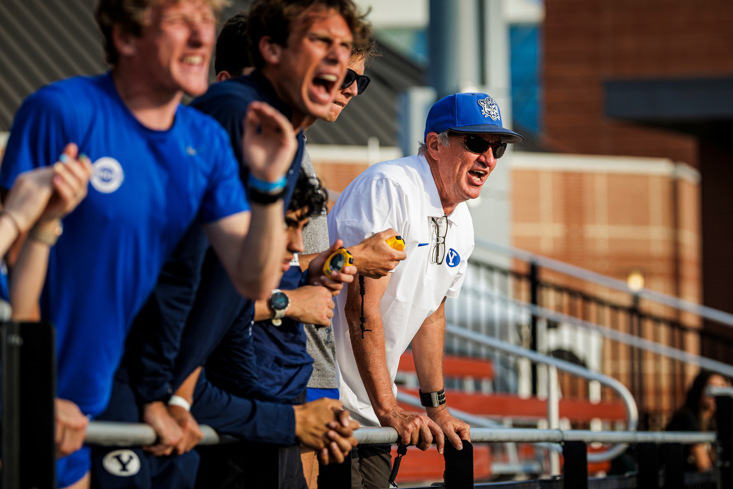 BYU coach Ed Eyestone coaches from the stands during the 2024 NCAA regionals in Fayetteville, Arkansas, May 24, 2024.