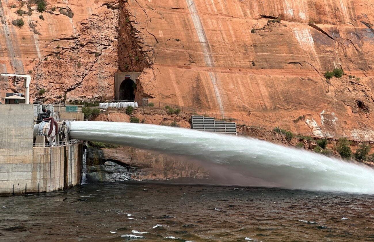 A robotic sandblaster is removing the original coating inside the covered river outlet work that is pictured here. The original coal-tar coating will be replaced with an epoxy primer and polysiloxane topcoat, at Glen Canyon Dam in Arizona, in September.
