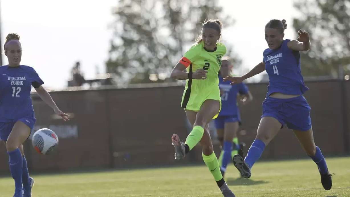 Utah Valley midfielder Faith Webber, middle, in the Wolverines' new Nike uniforms during an exhibition win over BYU. After 15 years with Adidas, the Wolverines finalized a five-year deal with Nike as the school's official athletic supplier Wednesday, Sept. 4, 2024.