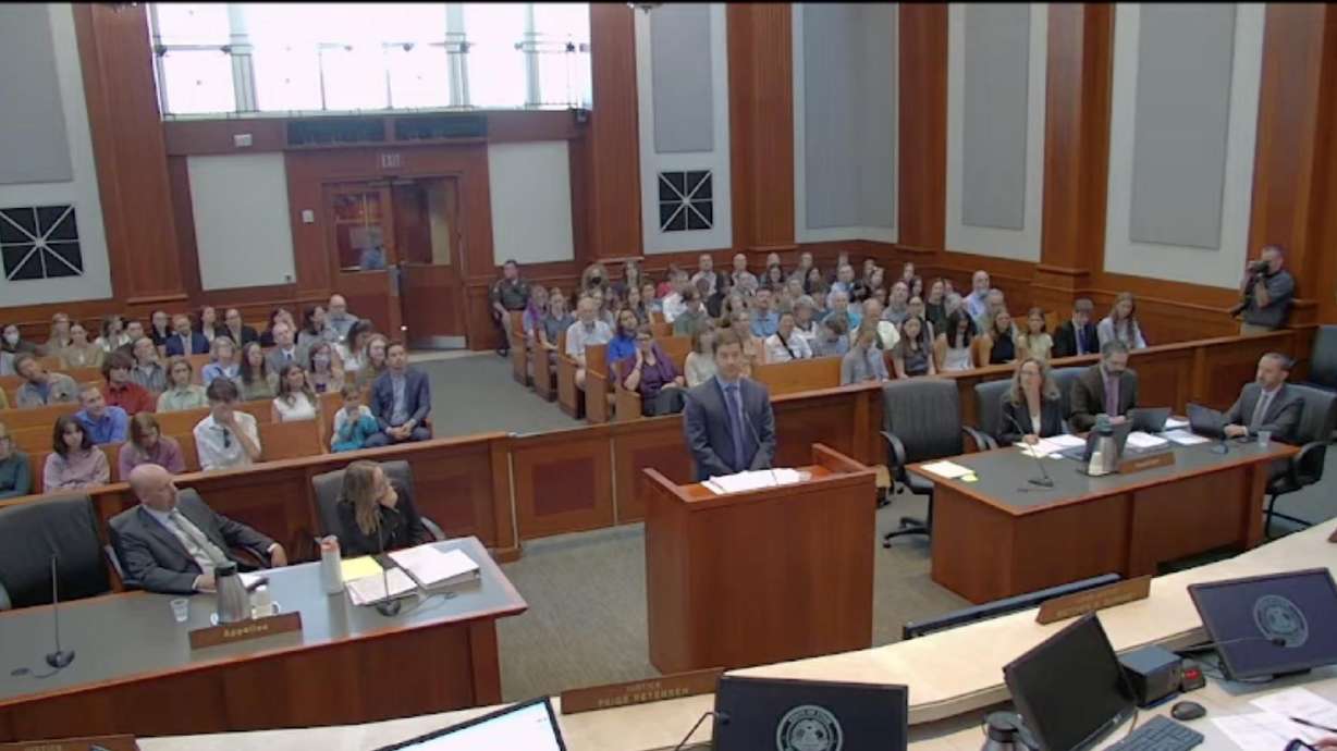 Youth who filed a lawsuit listen as their attorney argues before the Utah Supreme Court on Sept. 4, 2024. The court said the district court was right to dismiss an environmental lawsuit from seven Utahns, ages 9 to 18, against Utah's fossil fuel policies.
