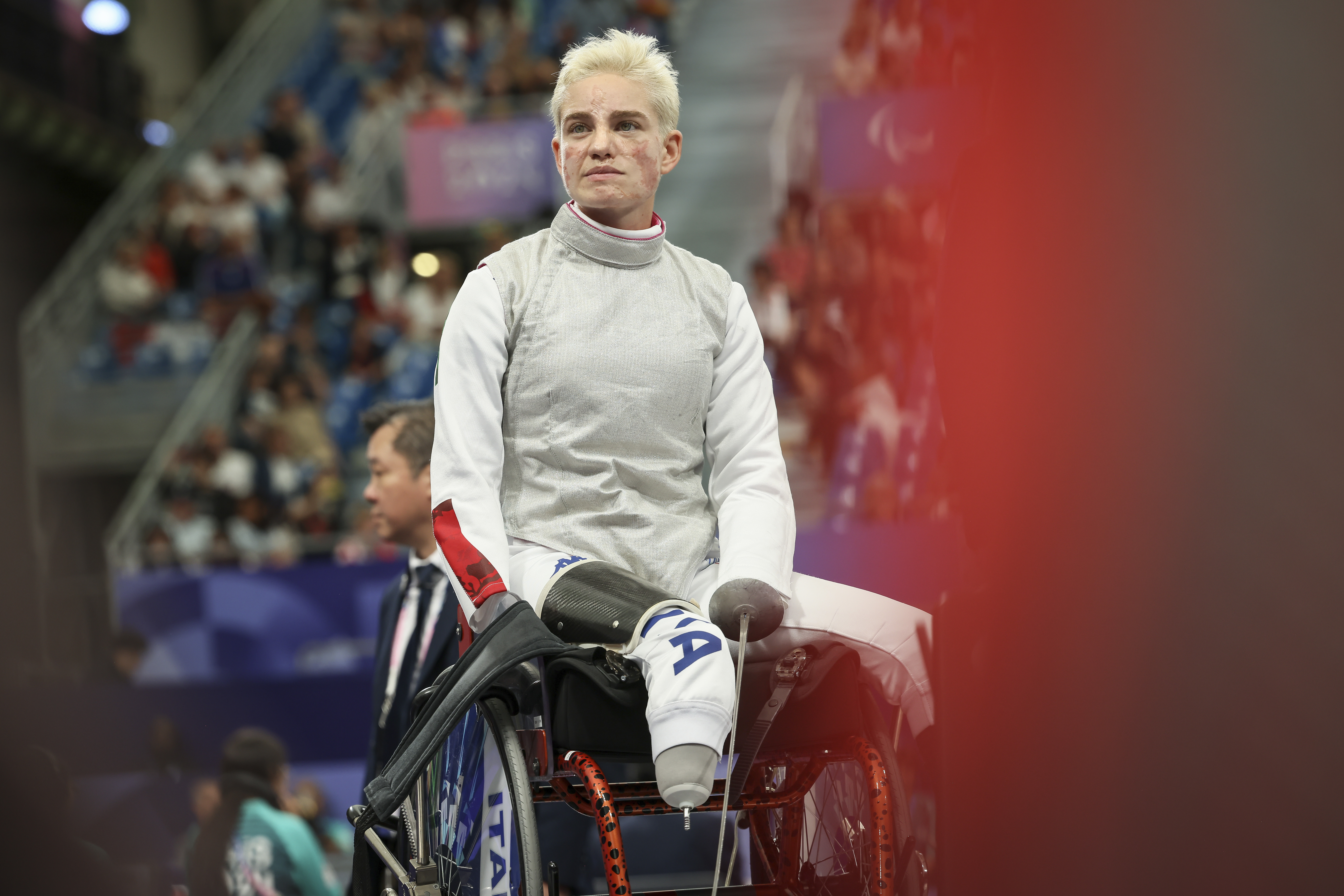 Italy's Beatrice Maria Vio Grandis looks on during her women's foil wheelchair fencing semifinal match against China's Xiao Rong at the 2024 Paralympics, Wednesday, Sept. 4, 2024, in Paris, France.