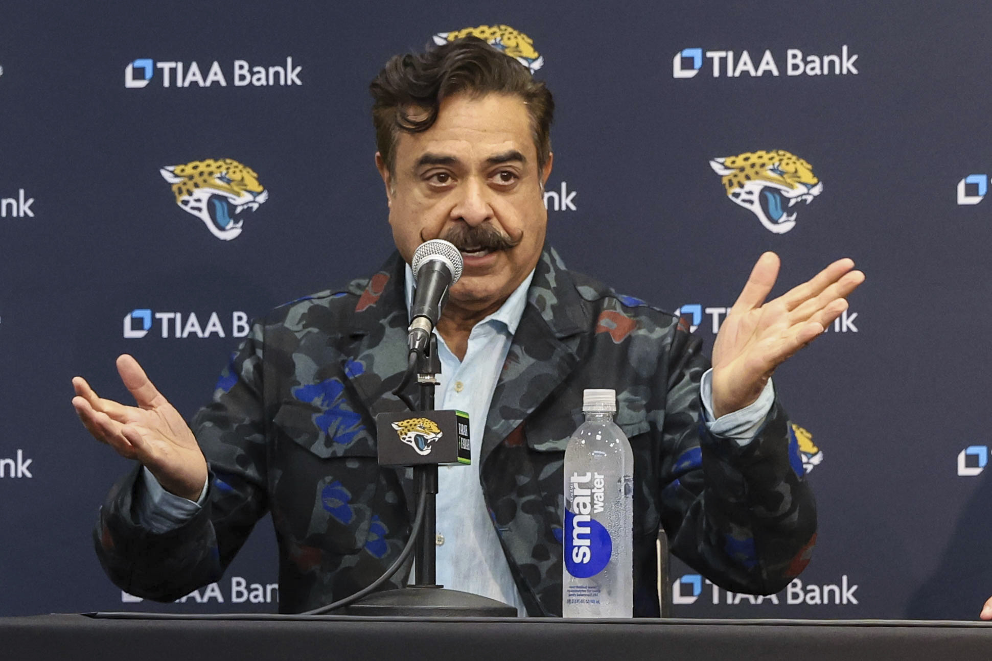 FILE - Jacksonville Jaguars owner Shad Khan introduces first-round draft pick offensive lineman Anton Harrison at an NFL football news conference in Jacksonville, Fla., Friday, April 28, 2023. 