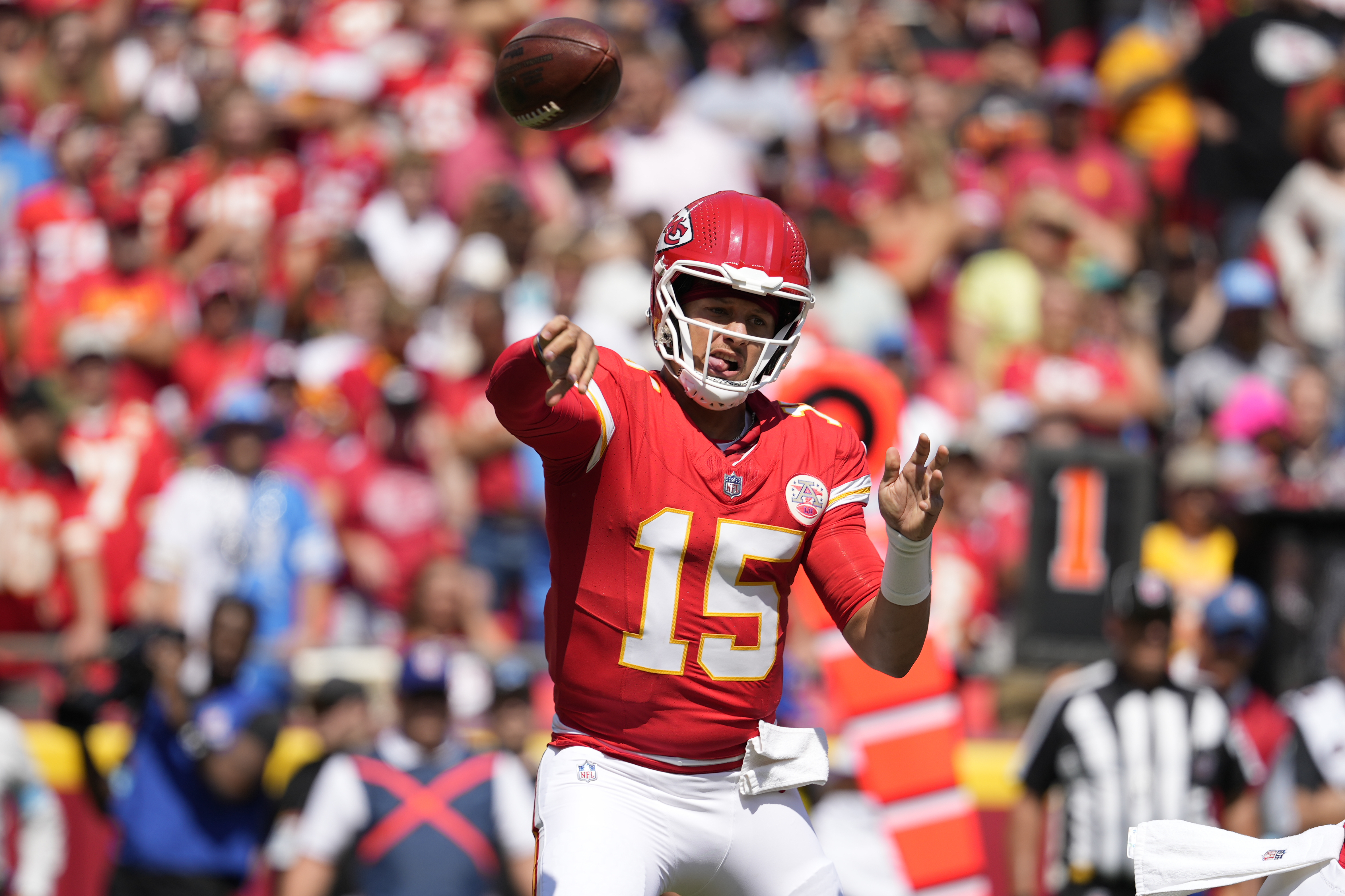 Kansas City Chiefs quarterback Patrick Mahomes (15) throws a pass against the Detroit Lions during the first half of an NFL preseason football game Saturday, Aug. 17, 2024, in Kansas City, Mo.