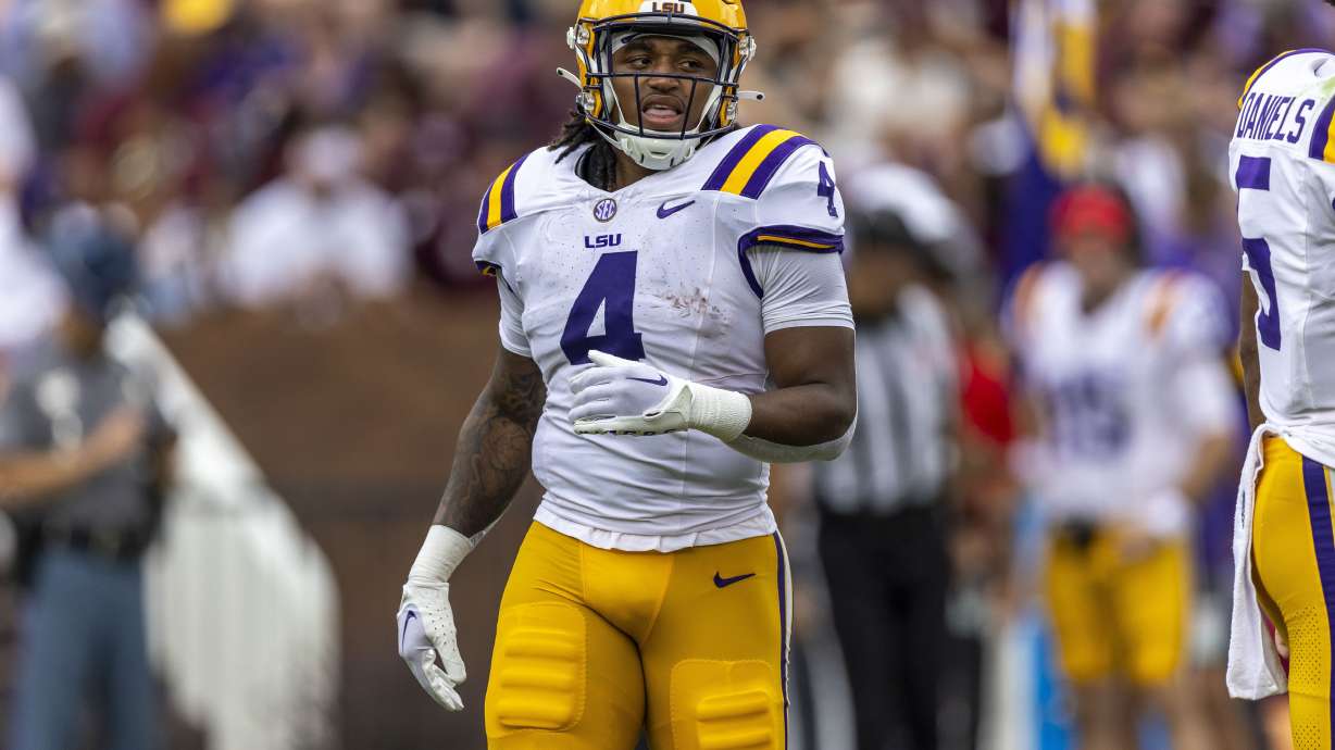 FILE - LSU running back John Emery Jr. (4) during the first half of an NCAA football game, Sept. 16, 2023, in Starkville, Miss.