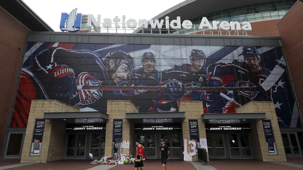Nationwide Arena displays a memorial set up by fans for Blue Jackets hockey player Johnny Gaudreau in Columbus, Ohio, Aug. 30, 2024. Gaudreau, along with his brother Matthew, was fatally struck by a motorist while riding his bicycle on Thursday.