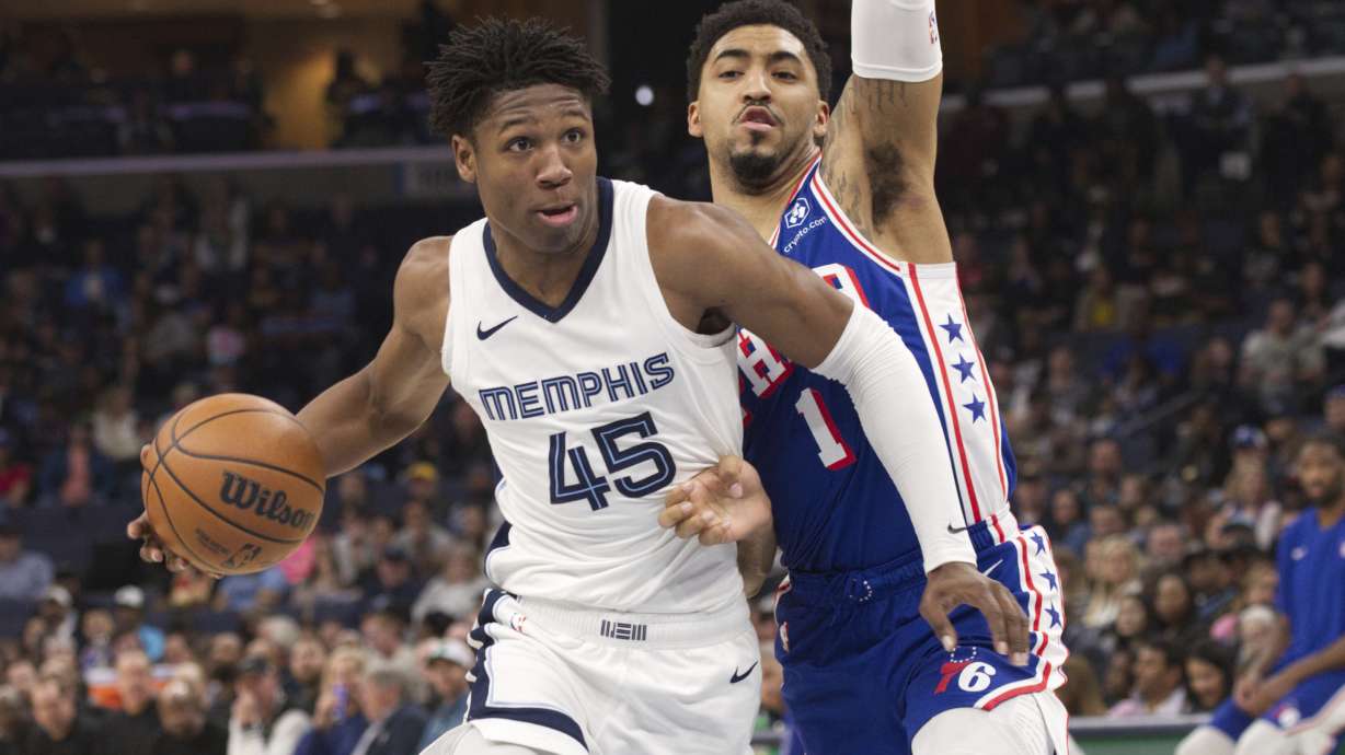 FILE - Memphis Grizzlies forward GG Jackson II (45) drives while defended by Philadelphia 76ers forward KJ Martin (1) during the first half of an NBA basketball game, April 6, 2024, in Memphis, Tenn.