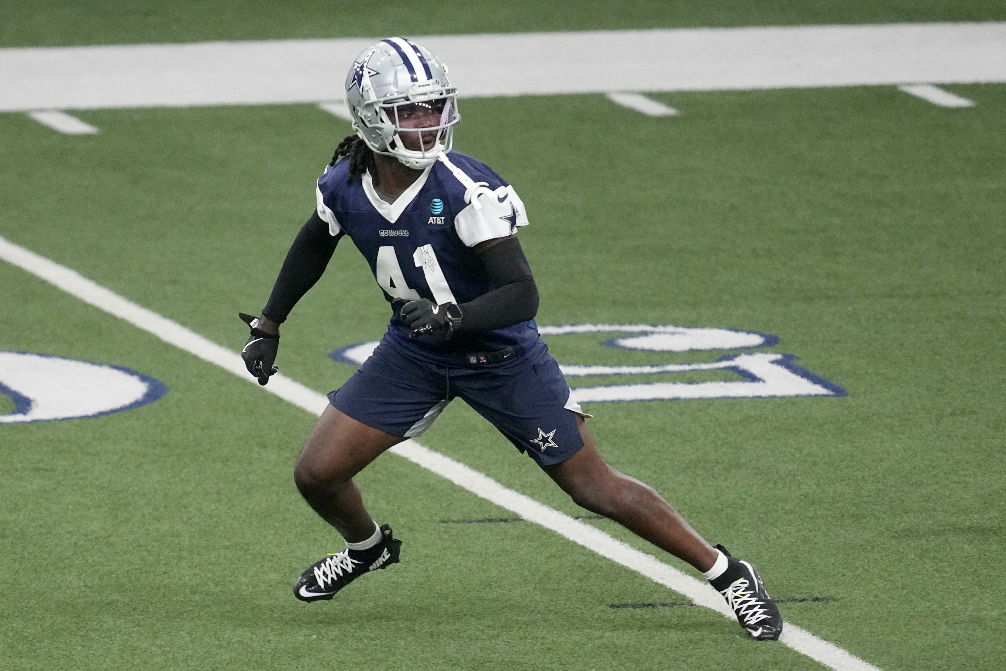 Dallas Cowboys cornerback Caelen Carson (41) works out during an NFL football practice at the team's training facility, Wednesday, Aug. 28, 2024, in Frisco, Texas. 