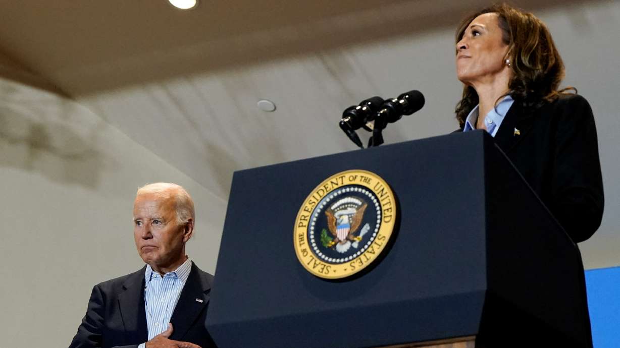 President Joe Biden looks on with Democratic presidential nominee and Vice President Kamala Harris, at IBEW Local Union #5 in Pittsburgh, Pa., Monday. Harris's proposal for the capital gains tax rate is different from Biden's proposal.