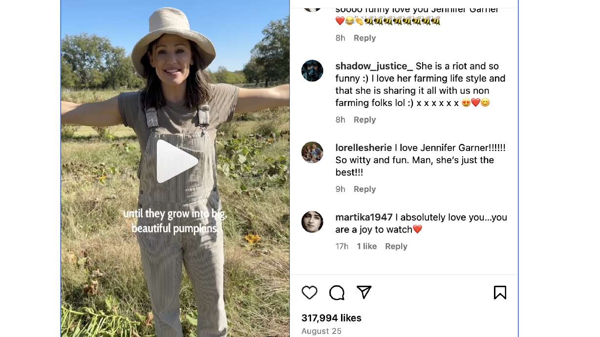 Actress Jennifer Garner gave fans a glimpse into her garden in a video posted on Instagram, where she shared some "nerdy farm facts" about pumpkins.