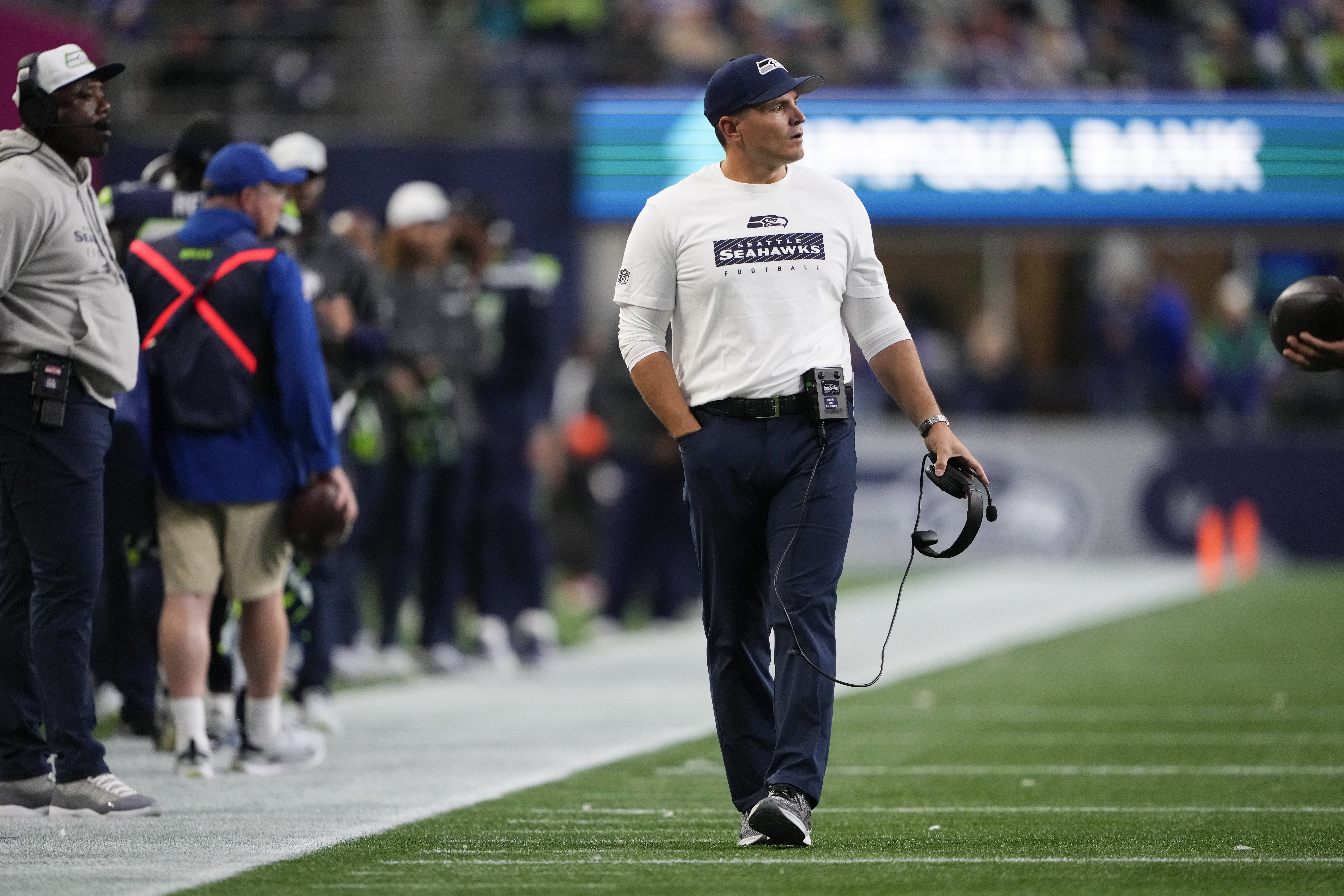 Seattle Seahawks head coach Mike Macdonald looks on during the first half of a preseason NFL football game against the Cleveland Browns, Saturday, Aug. 24, 2024, in Seattle. 