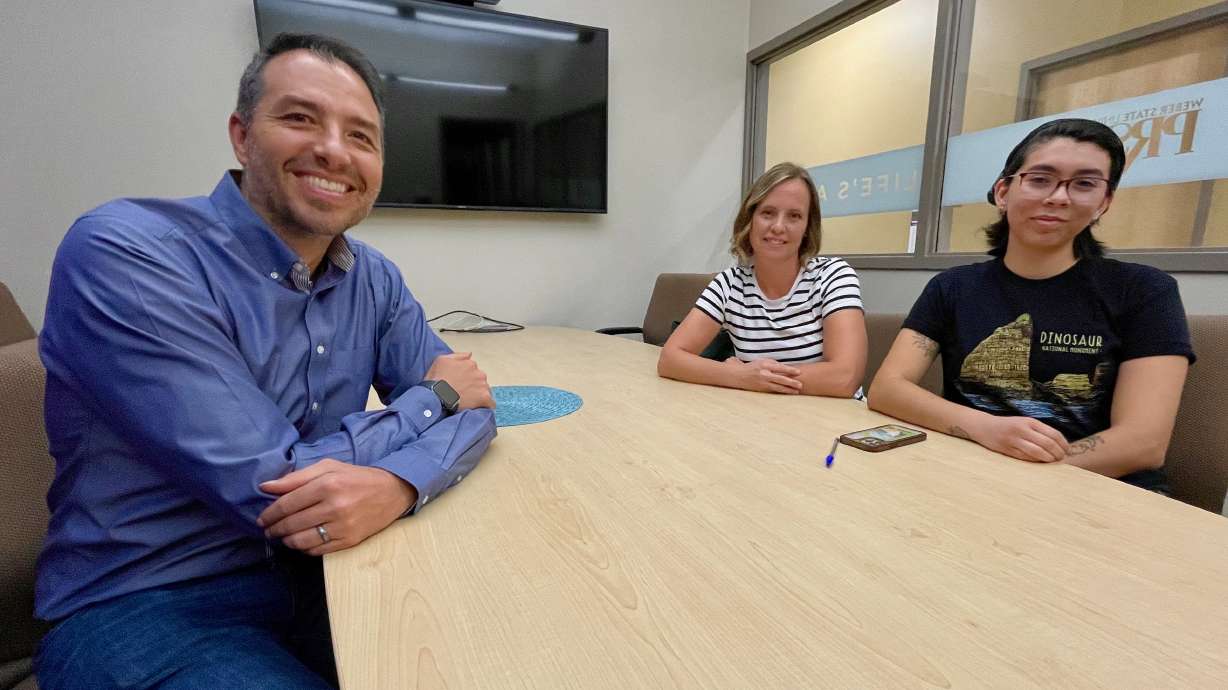Weber State graduate student Teresa Thompson, center, is leading a study into the effects of a new law overhauling diversity programming at universities. Assistant professor Michael Ault, left, and undergraduate student Pam Nunez, right, are aiding.