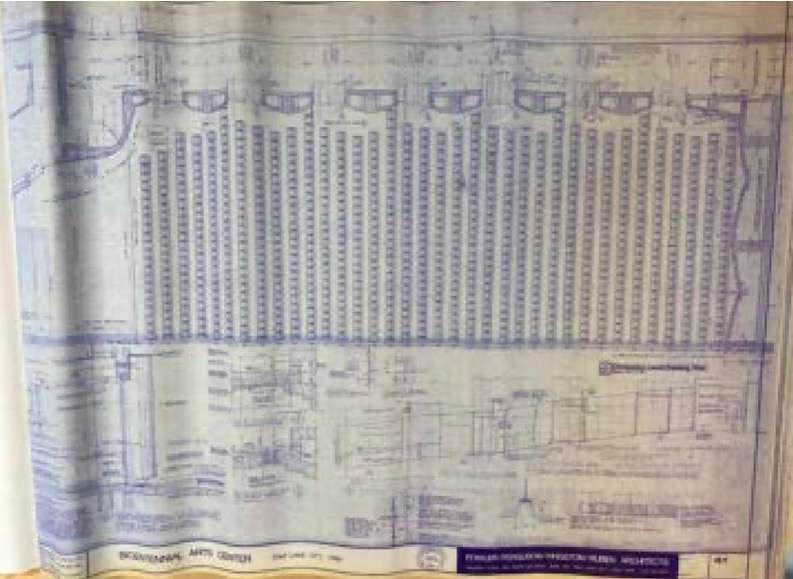 The blueprints show the orchestra-level seating plan for Abravanel Hall.