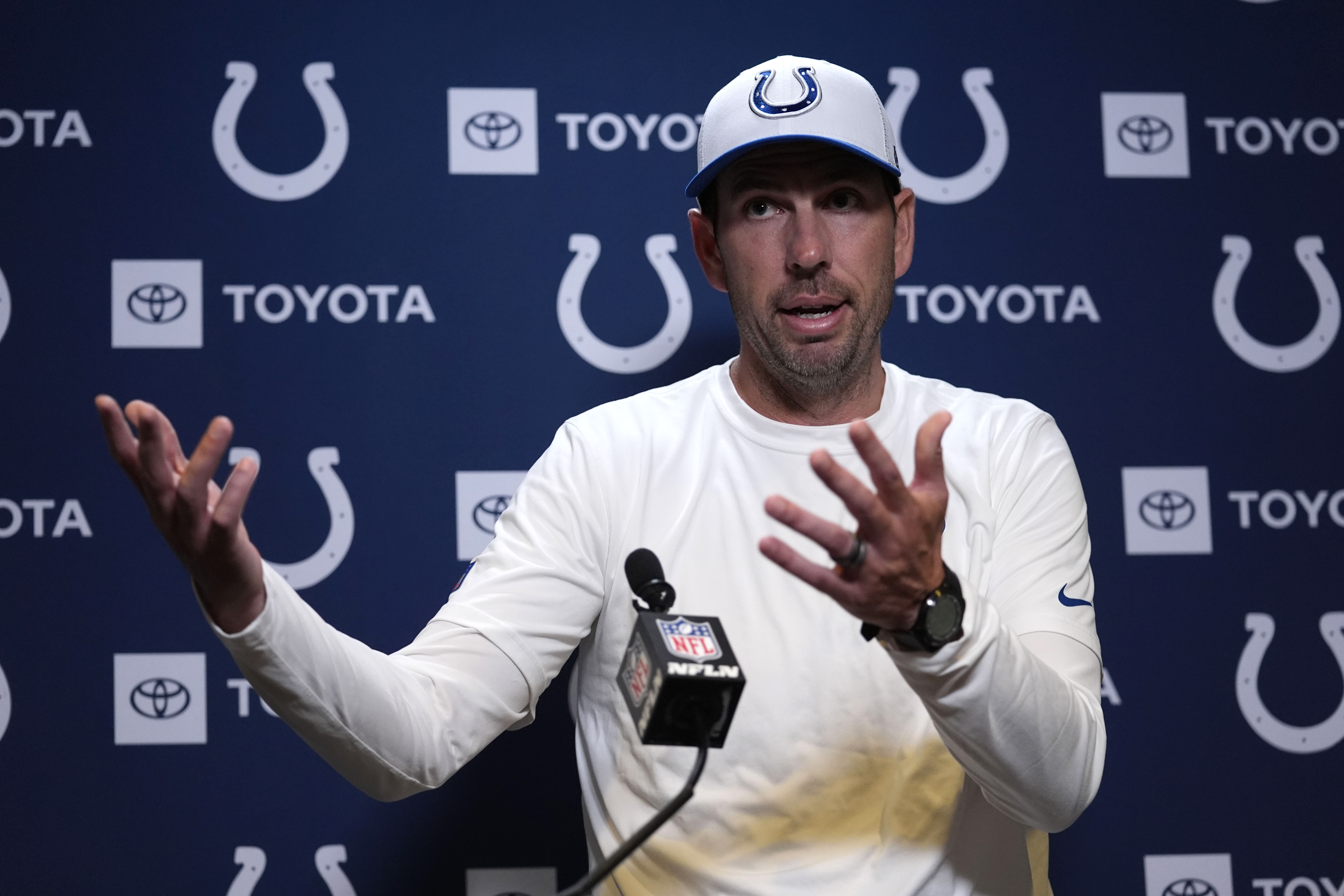 Indianapolis Colts head coach Shane Steichen speaks during a news conference after a preseason NFL football game against the Cincinnati Bengals, Thursday, Aug. 22, 2024, in Cincinnati. The Colts won 27-14.