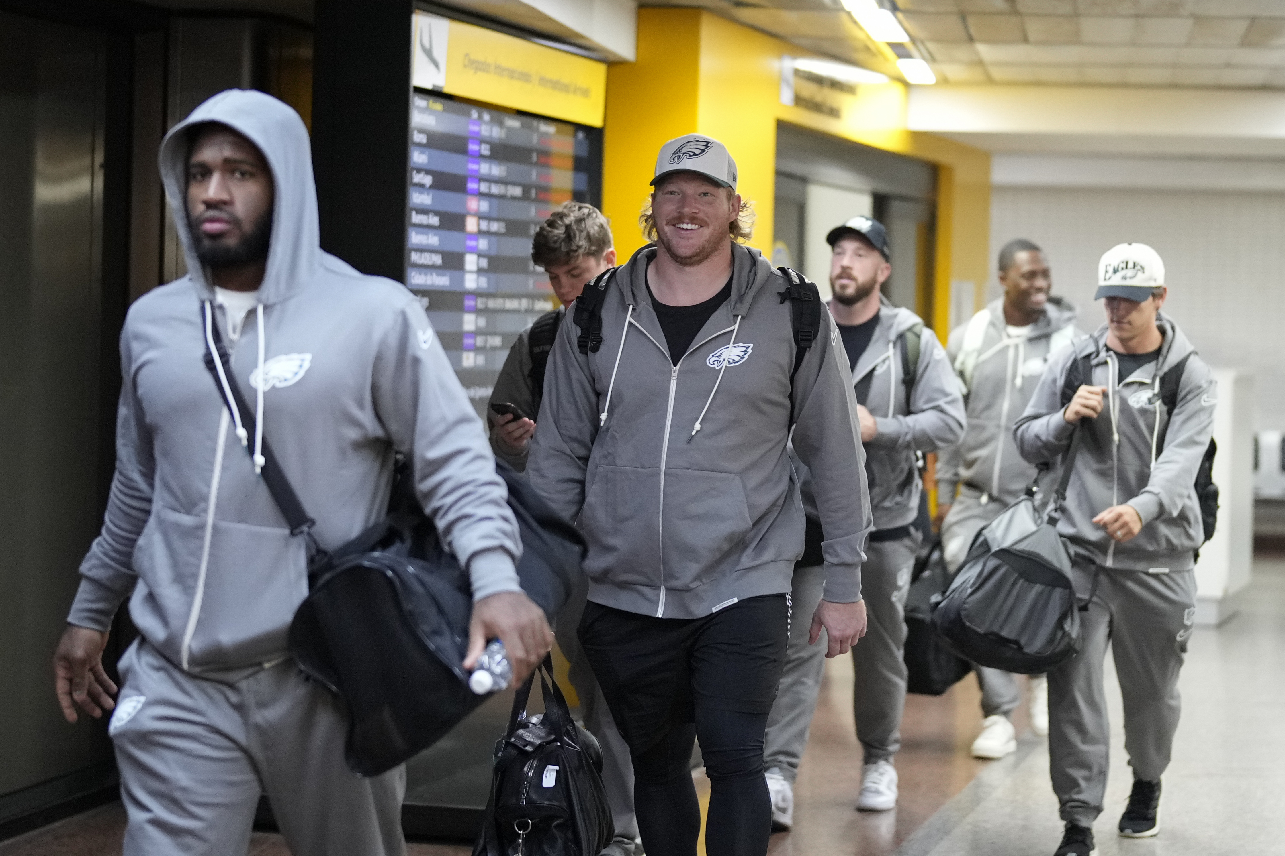Philadelphia Eagles players arrive at Sao Paulo International airport ahead of a game against the Philadelphia Eagles, in Guarulhos, greater Sao Paulo, Wednesday, Sept. 4, 2024. 