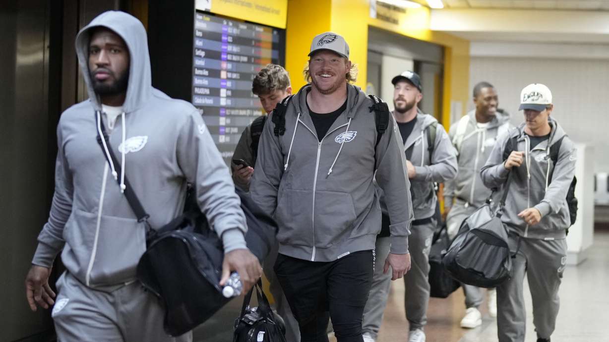 Philadelphia Eagles players arrive at Sao Paulo International airport ahead of a game against the Philadelphia Eagles, in Guarulhos, greater Sao Paulo, Wednesday, Sept. 4, 2024.