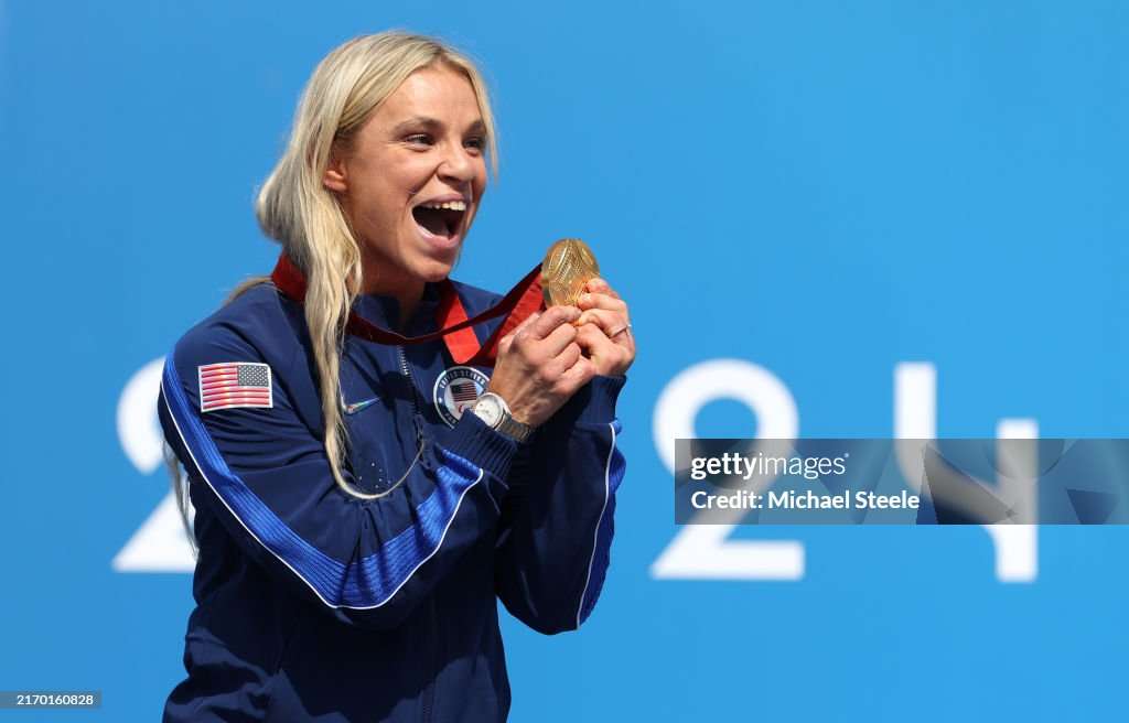 Gold medalist Oksana Masters, of Team USA, poses for a photo during the para-cycling Road Women’s H4-5 Individual Time Trial Medal Ceremony on the seventh day of the Paris 2024 Summer Paralympic Games on Wednesday in Paris, France.