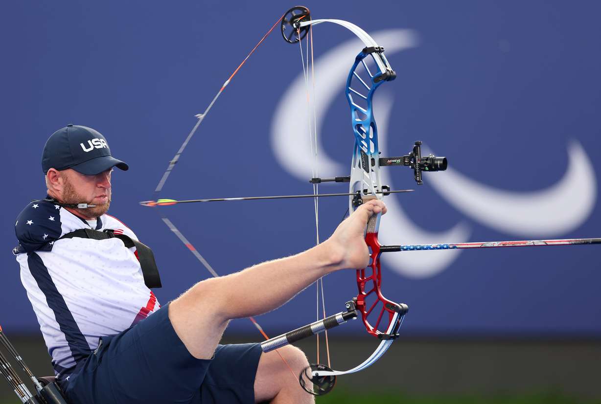 Matt Stutzman, of Team USA, competes against Nathan MacQueen of Team Great Britain in the ParaArchery Men’s Individual Compound Open Quarterfinal on the fourth day of the Paris 2024 Summer Paralympic Games on Sunday in Paris, France.