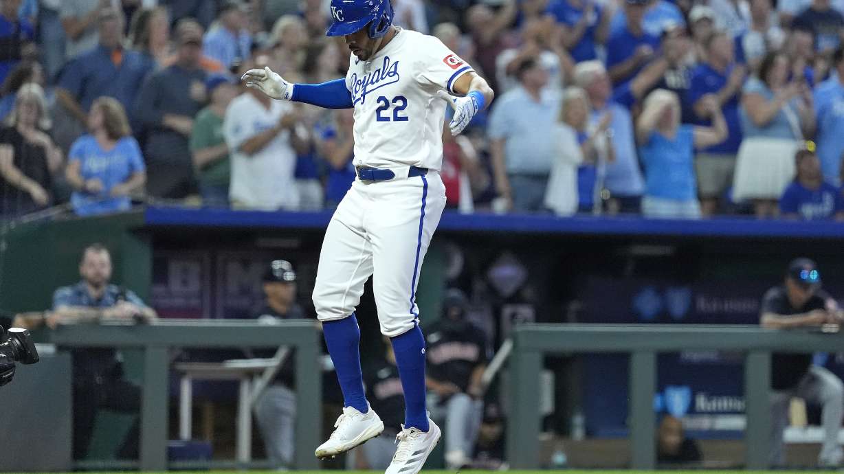 Kansas City Royals' Tommy Pham (22) celebrates as he crosses the plate after hitting a three-run home run during the fourth inning of a baseball game against the Cleveland Guardians Wednesday, Sept. 4, 2024, in Kansas City, Mo.