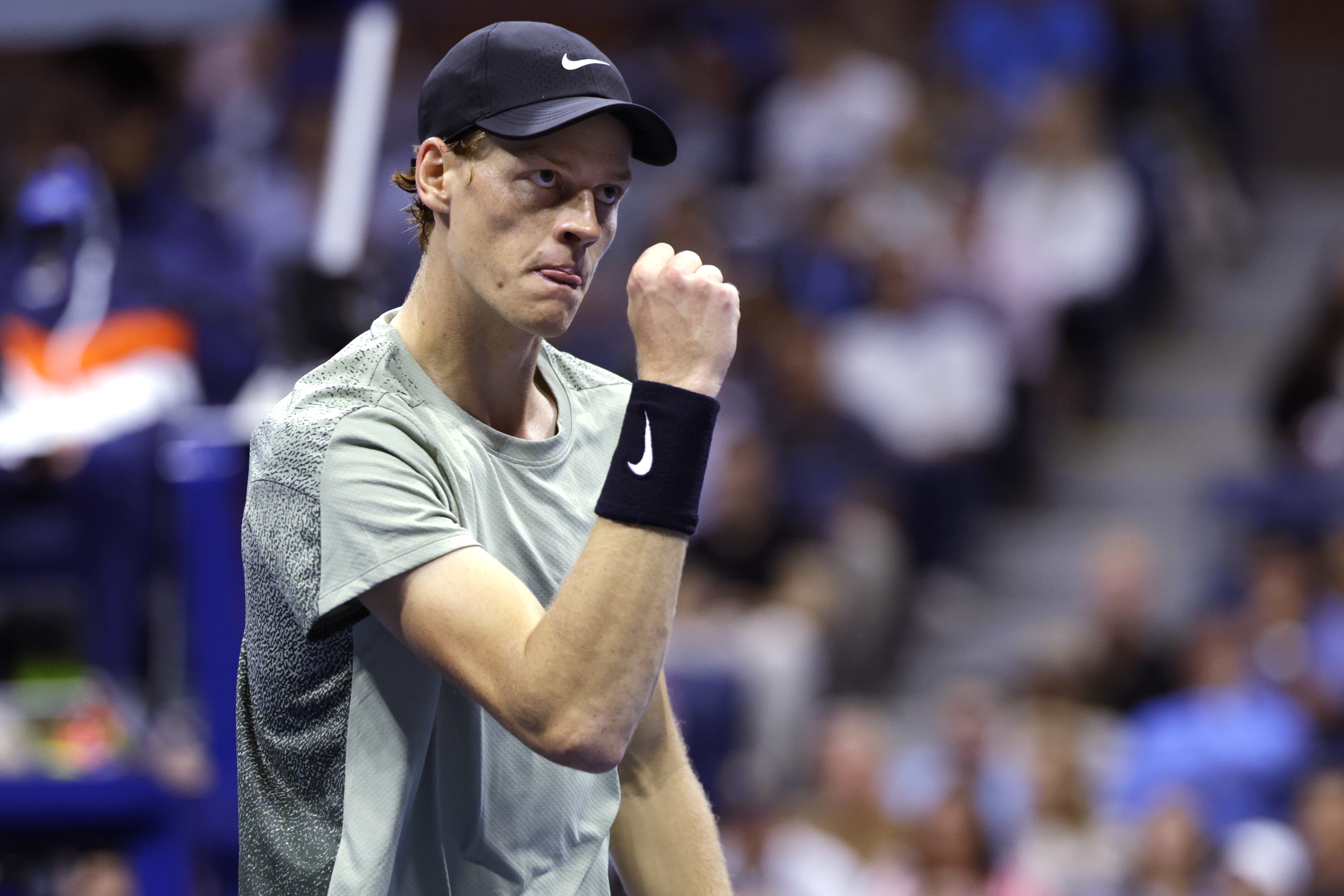 Jannik Sinner, of Italy, pumps his fist after winning a point against Daniil Medvedev, of Russia, during the quarterfinals of the U.S. Open tennis championships, Wednesday, Sept. 4, 2024, in New York.