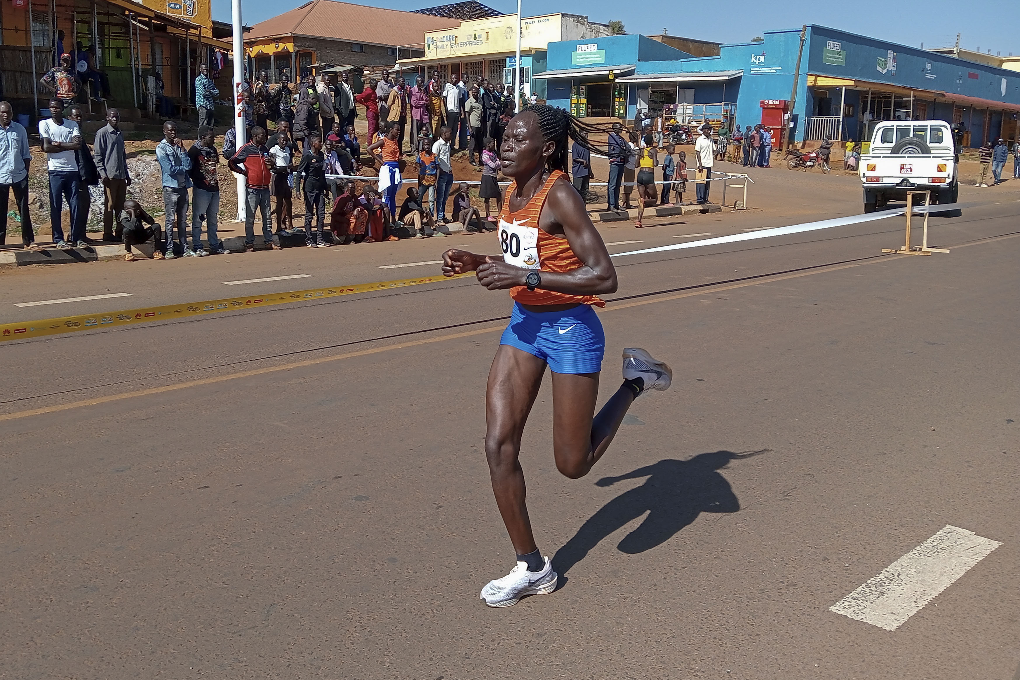 Rebecca Cheptegei, competes at the Discovery 10km road race in Kapchorwa, Uganda Friday, Jan. 20, 2023. A Cheptegei, a Ugandan athlete living in Kenya was set ablaze by her boyfriend on Sunday Sept. 1, 2024 and is currently receiving treatment for 75% burns, police said.