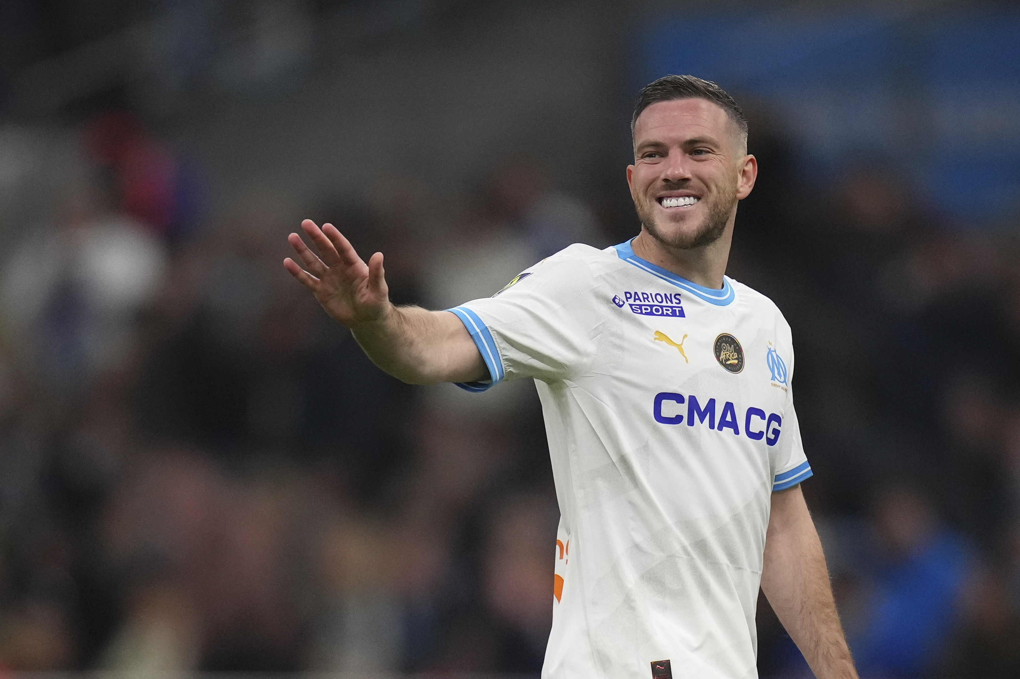 FILE -Marseille's Jordan Veretout reacts after missing a scoring chance during the French League One soccer match between Olympique de Marseille and Nice at the Velodrome stadium in Marseille, south of France, , April 24, 2024.