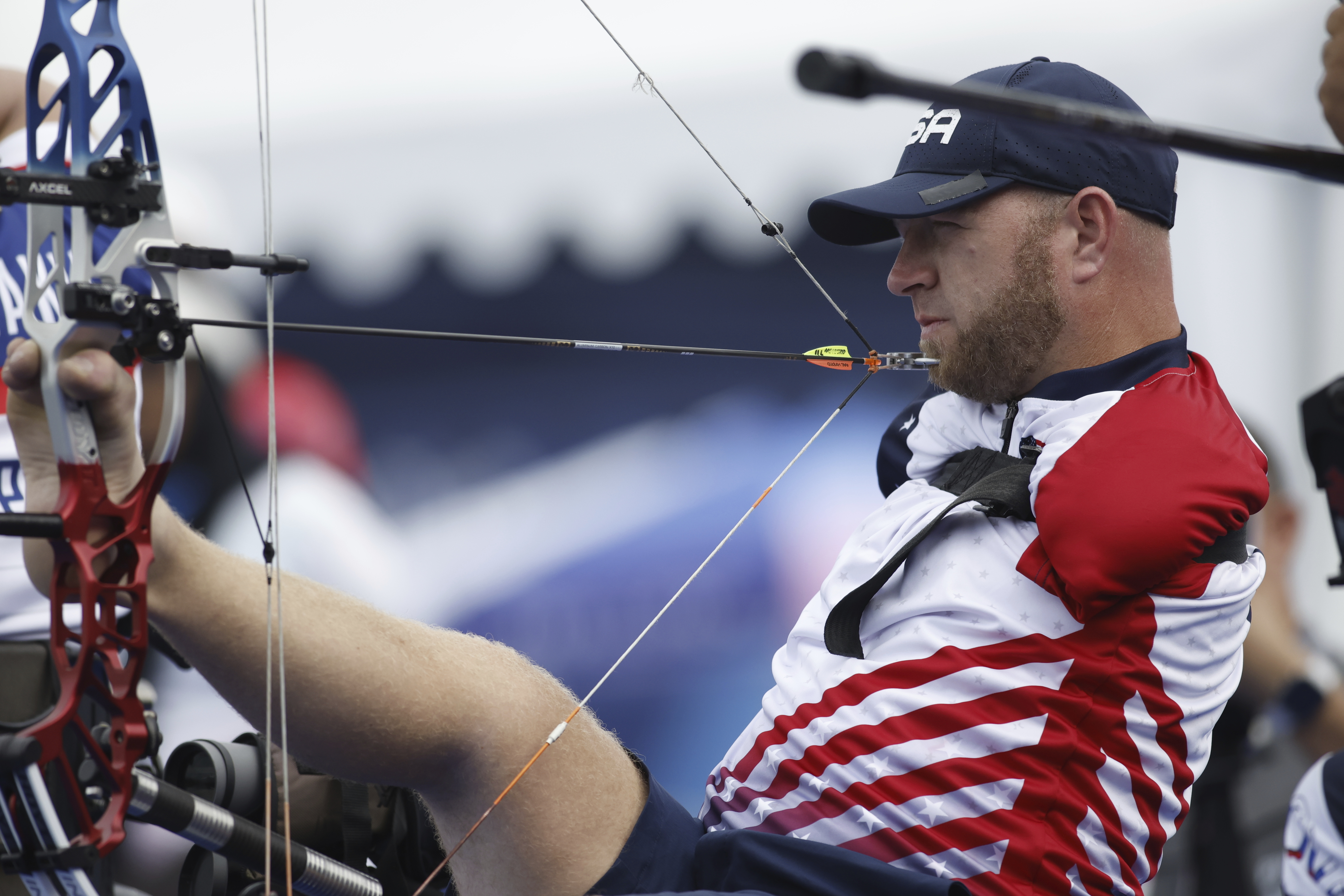 Matt Stutzman from the U.S. competes in the Mens Individual Ranking Round during the Paralympic Games in Paris on Thursday, Aug. 29, 2024. 