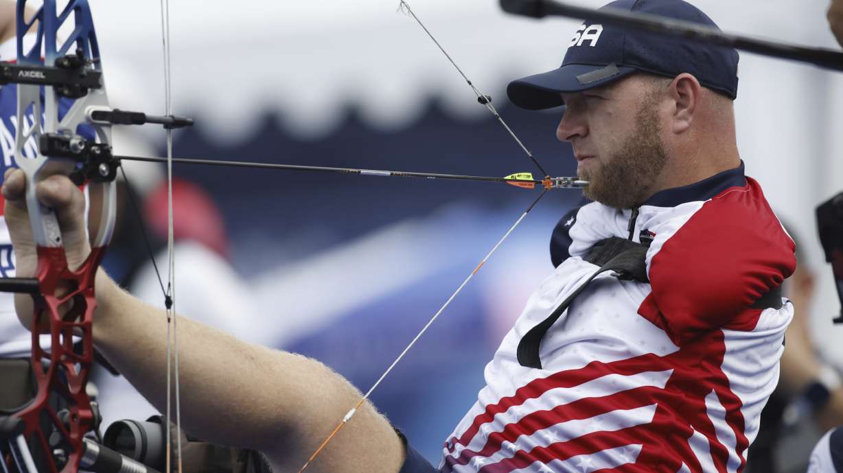 Matt Stutzman from the U.S. competes in the Mens Individual Ranking Round during the Paralympic Games in Paris on Thursday, Aug. 29, 2024.