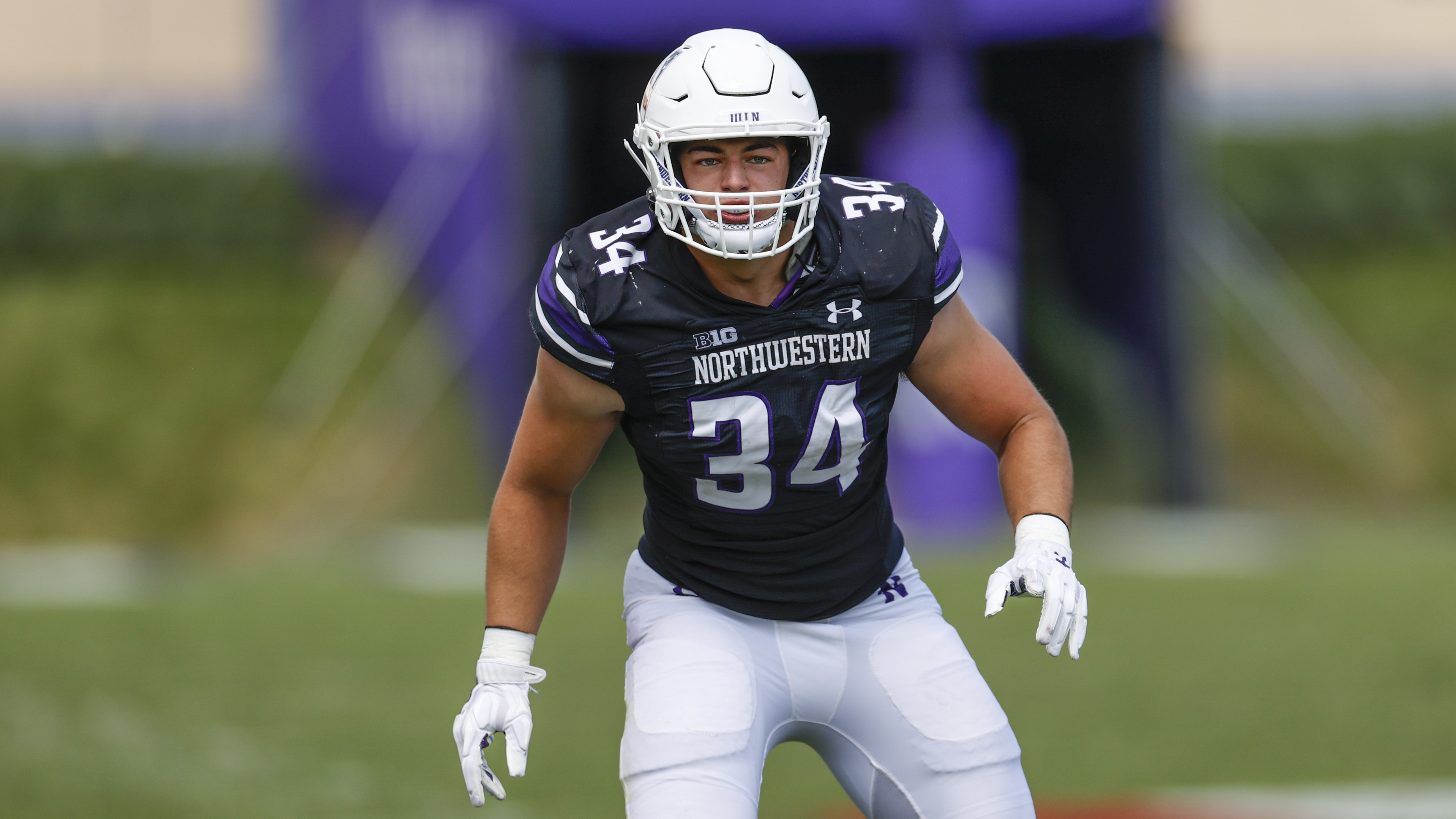 FILE - Northwestern linebacker Xander Mueller (34) in action against Duke during the second half of an NCAA football game, Sept. 10, 2022, in Evanston, Ill. 