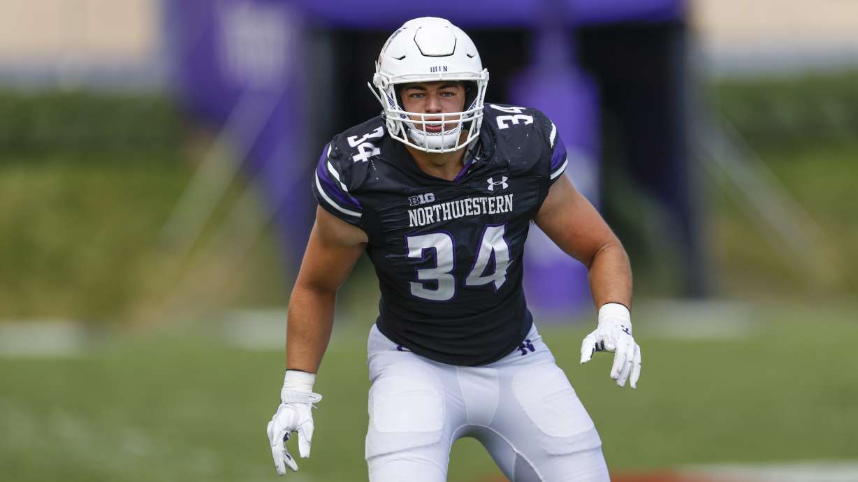 FILE - Northwestern linebacker Xander Mueller (34) in action against Duke during the second half of an NCAA football game, Sept. 10, 2022, in Evanston, Ill.